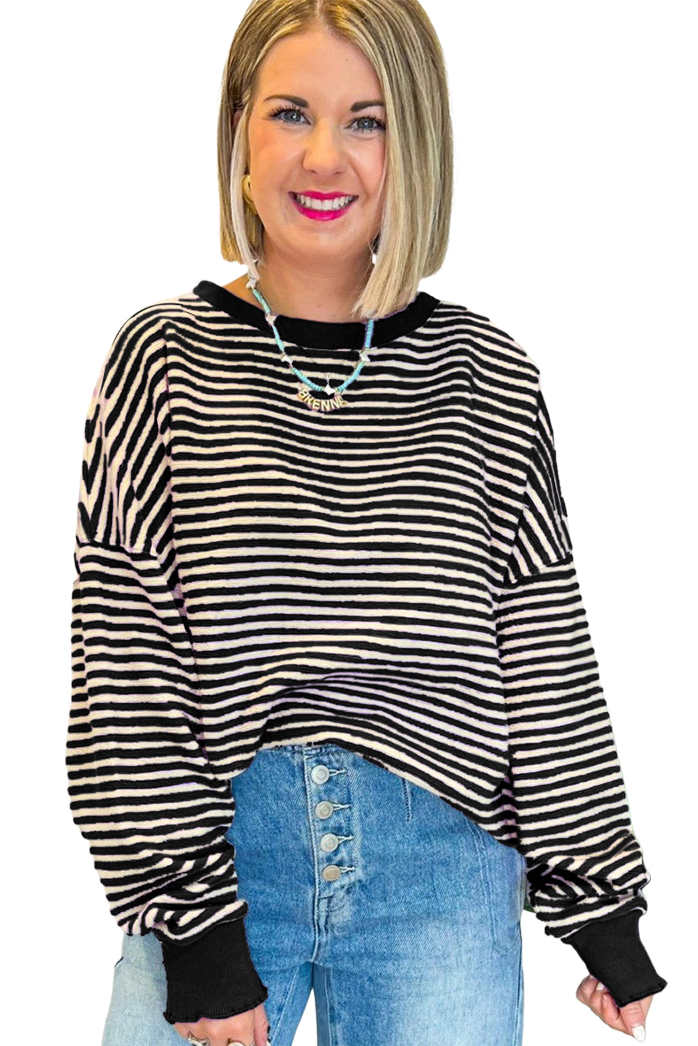 Blue Zone Planet | Green Stripe Drop Shoulder Long Sleeve Top-Long Sleeve Tops-[Adult]-[Female]-2022 Online Blue Zone Planet