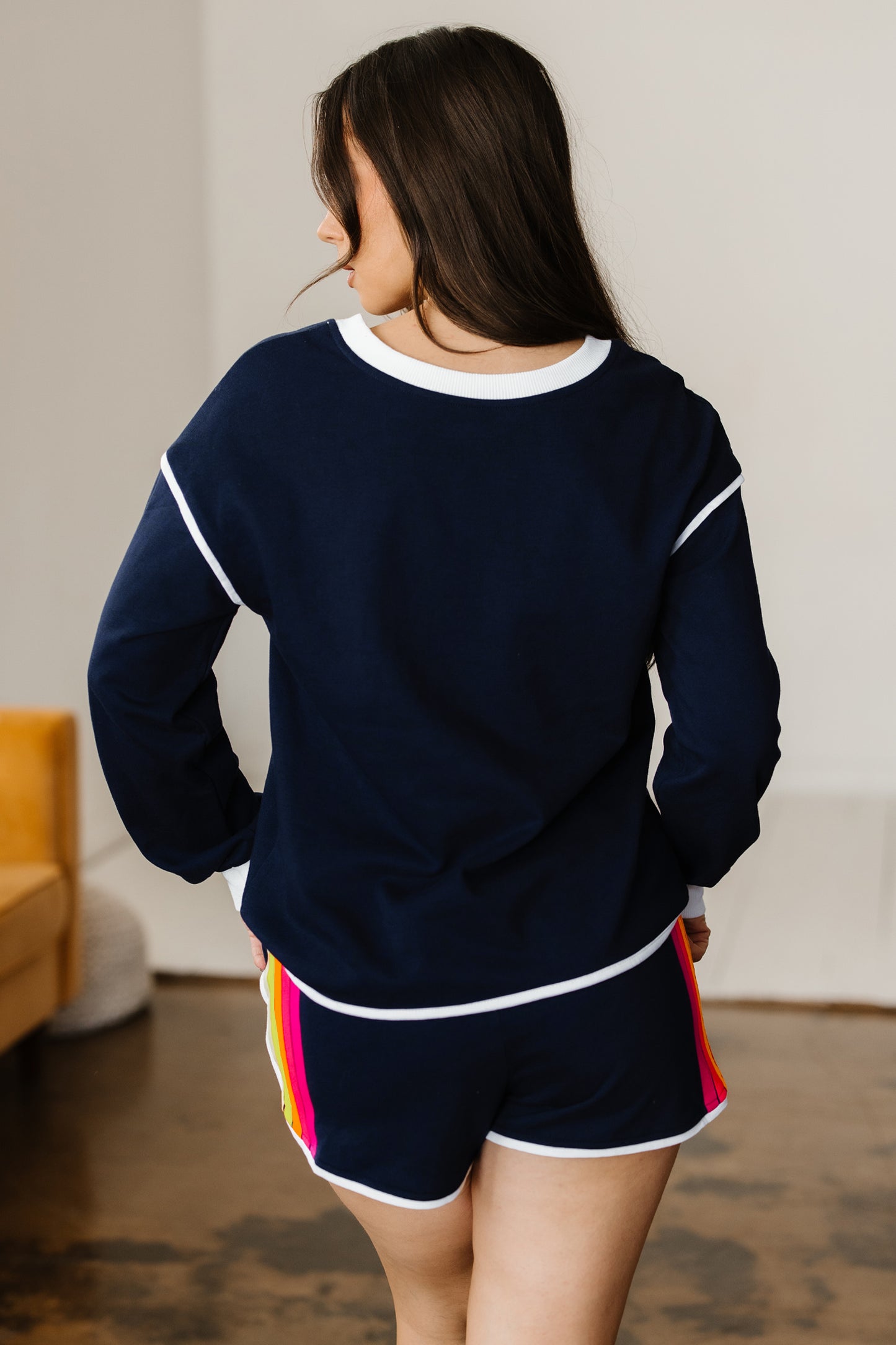 Bluing Colorful Striped Accent Varsity Long Sleeve Pullover and Shorts Matching Set-Two Piece Sets/Short Sets-[Adult]-[Female]-2022 Online Blue Zone Planet