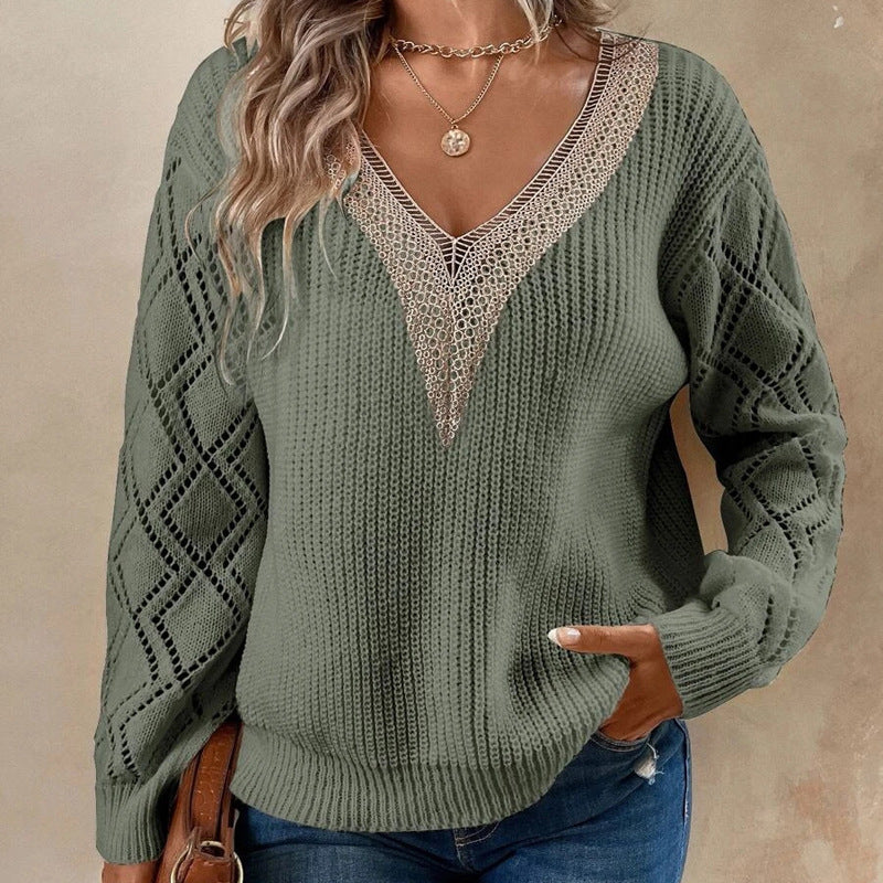 V-neck loose casual pullover women's sweater-[Adult]-[Female]-Green-S-2022 Online Blue Zone Planet