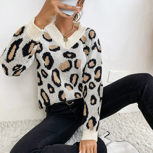 women's pullover knitted long sleeve leopard print sweater-[Adult]-[Female]-Khaki-S-2022 Online Blue Zone Planet