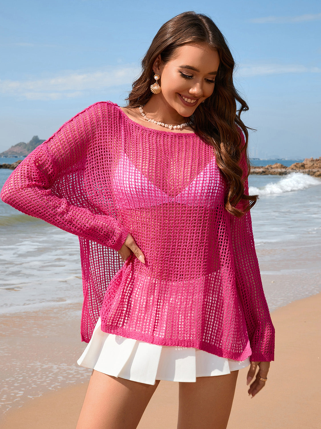 Openwork Slit Boat Neck Long Sleeve Cover-Up-TOPS / DRESSES-[Adult]-[Female]-2022 Online Blue Zone Planet