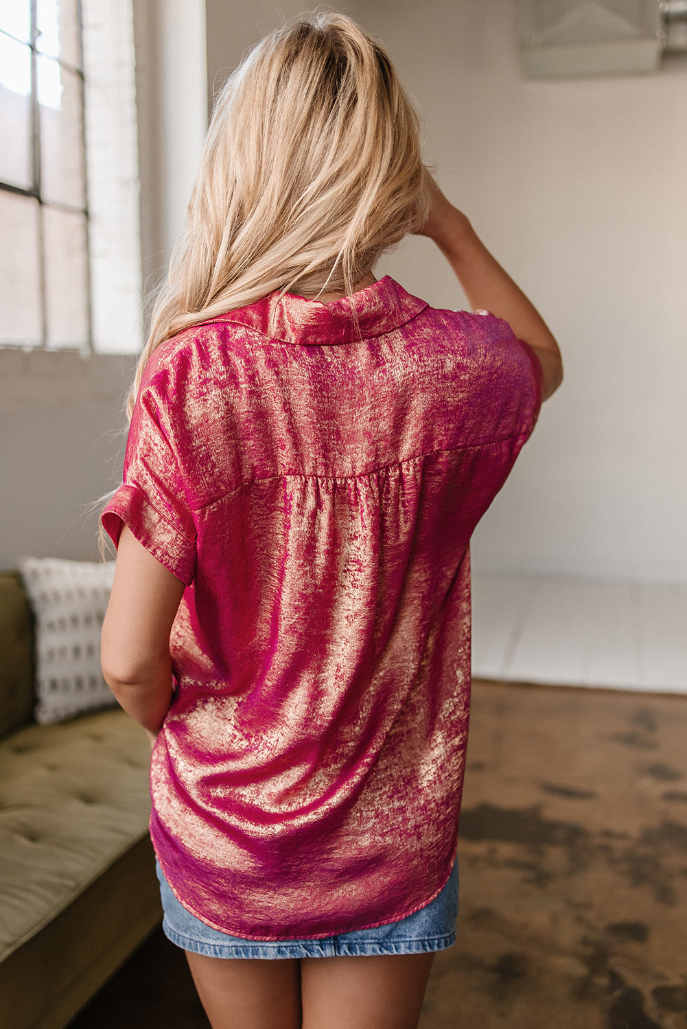 Rose Red Metallic Sheen Short Sleeve Buttoned Front Casual Shirt-Tops/Blouses & Shirts-[Adult]-[Female]-2022 Online Blue Zone Planet