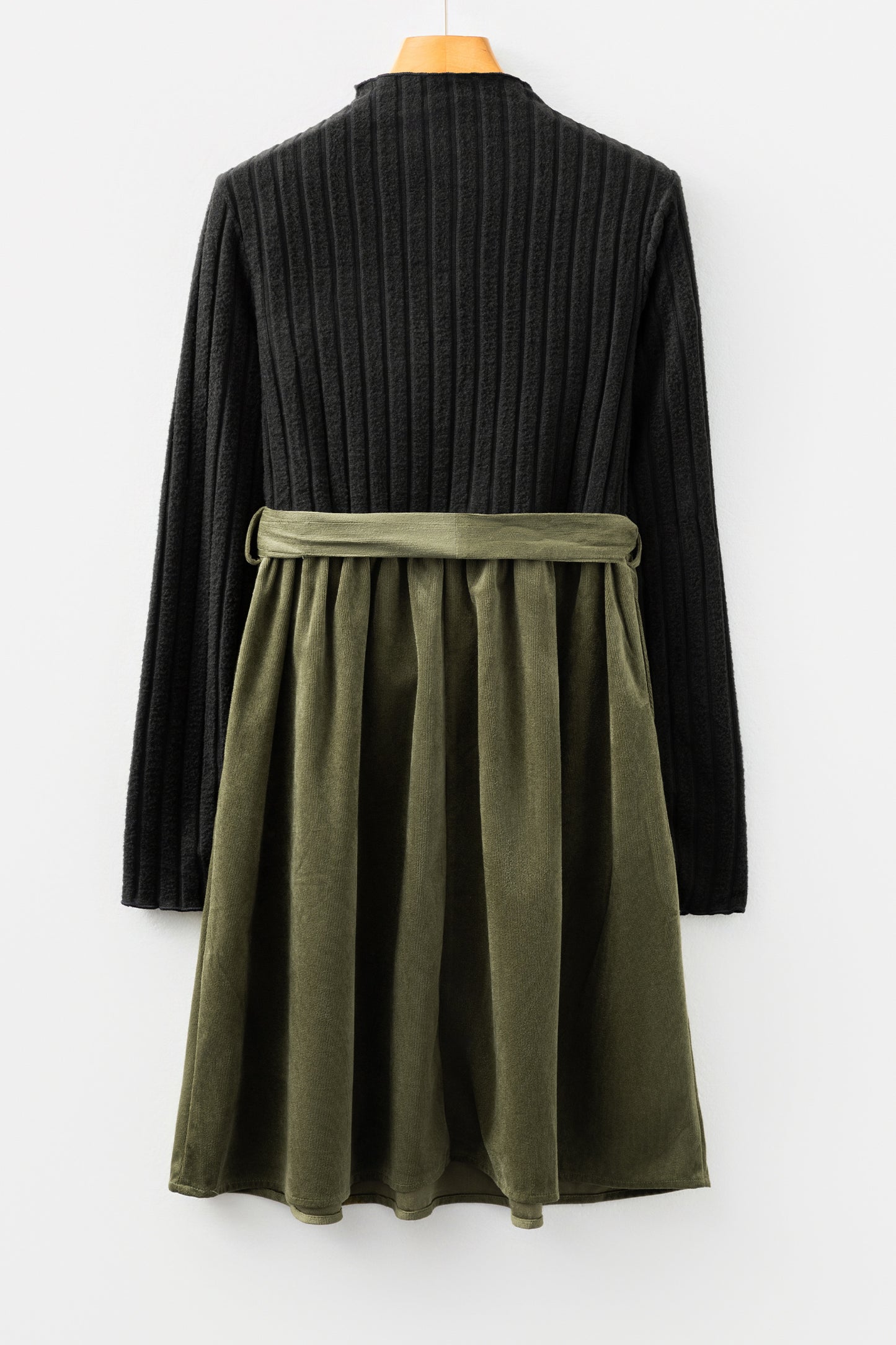 Black Ribbed Knit Slim Bodice Contrast Flared Skirt Patchwork Belted Dress-TOPS / DRESSES-[Adult]-[Female]-2022 Online Blue Zone Planet