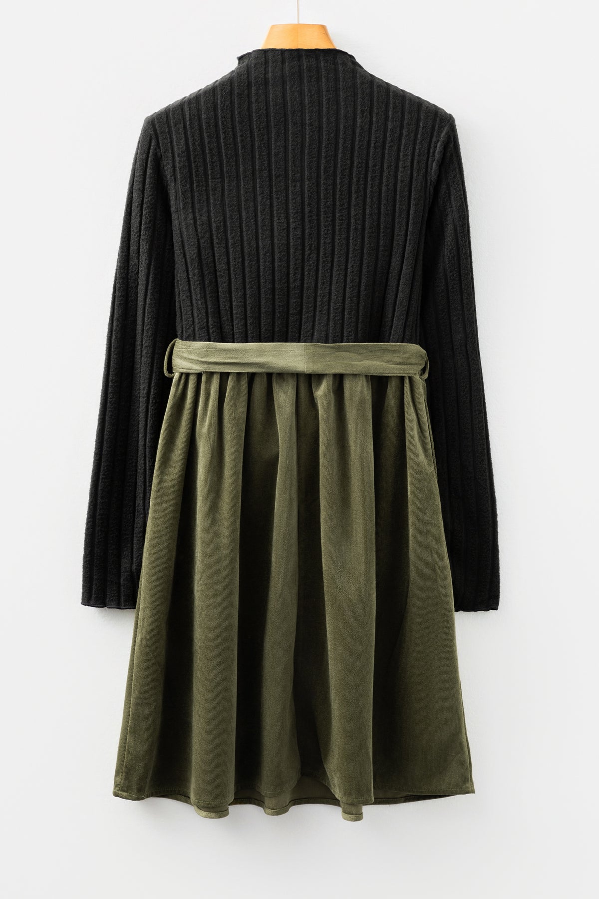 Black Ribbed Knit Slim Bodice Contrast Flared Skirt Patchwork Belted Dress