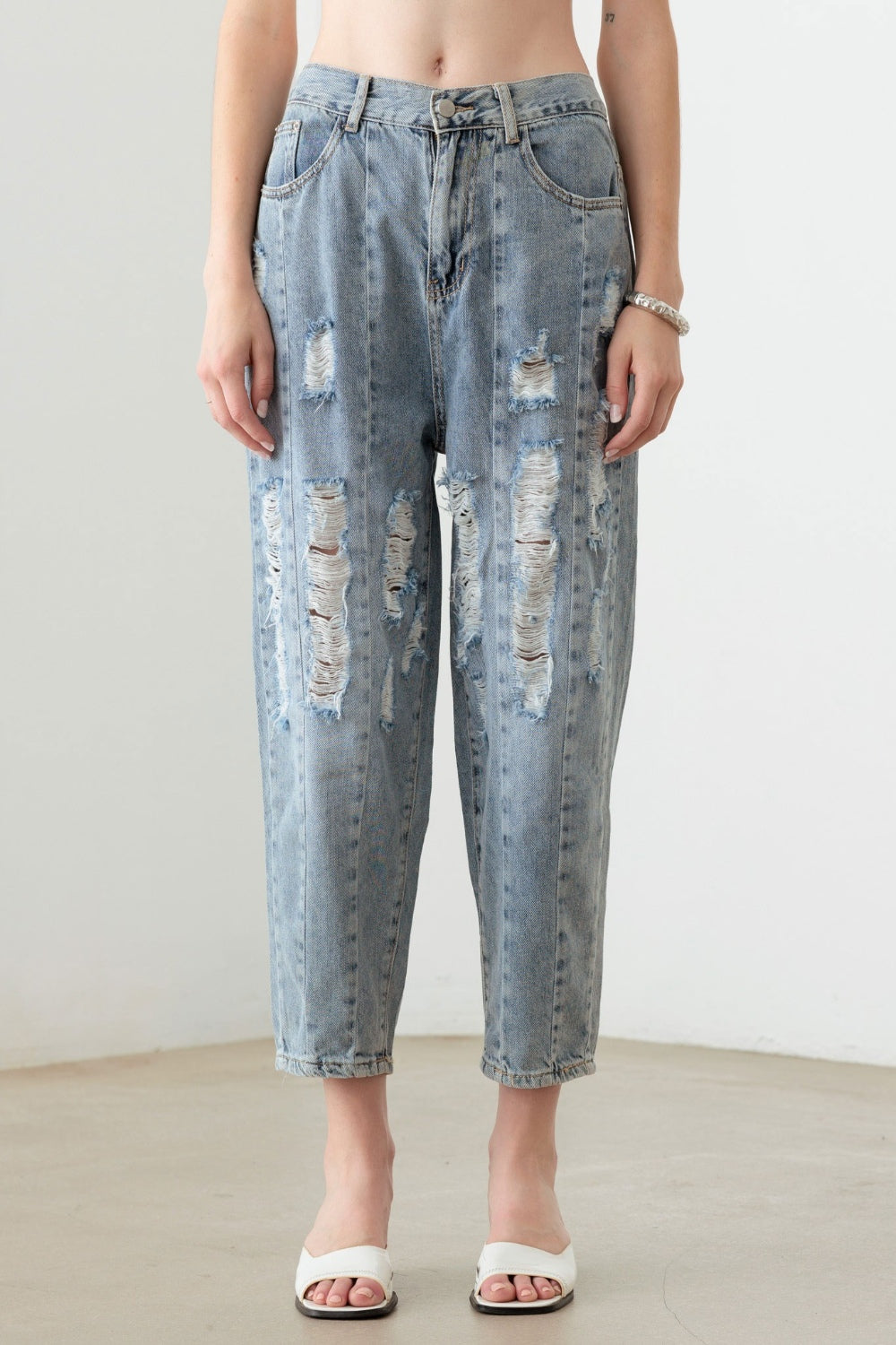 Blue Zone Planet | Litz La Washed Barrel Leg High Waist Distressed Jeans-TOPS / DRESSES-[Adult]-[Female]-Light Denim Wash-S-2022 Online Blue Zone Planet