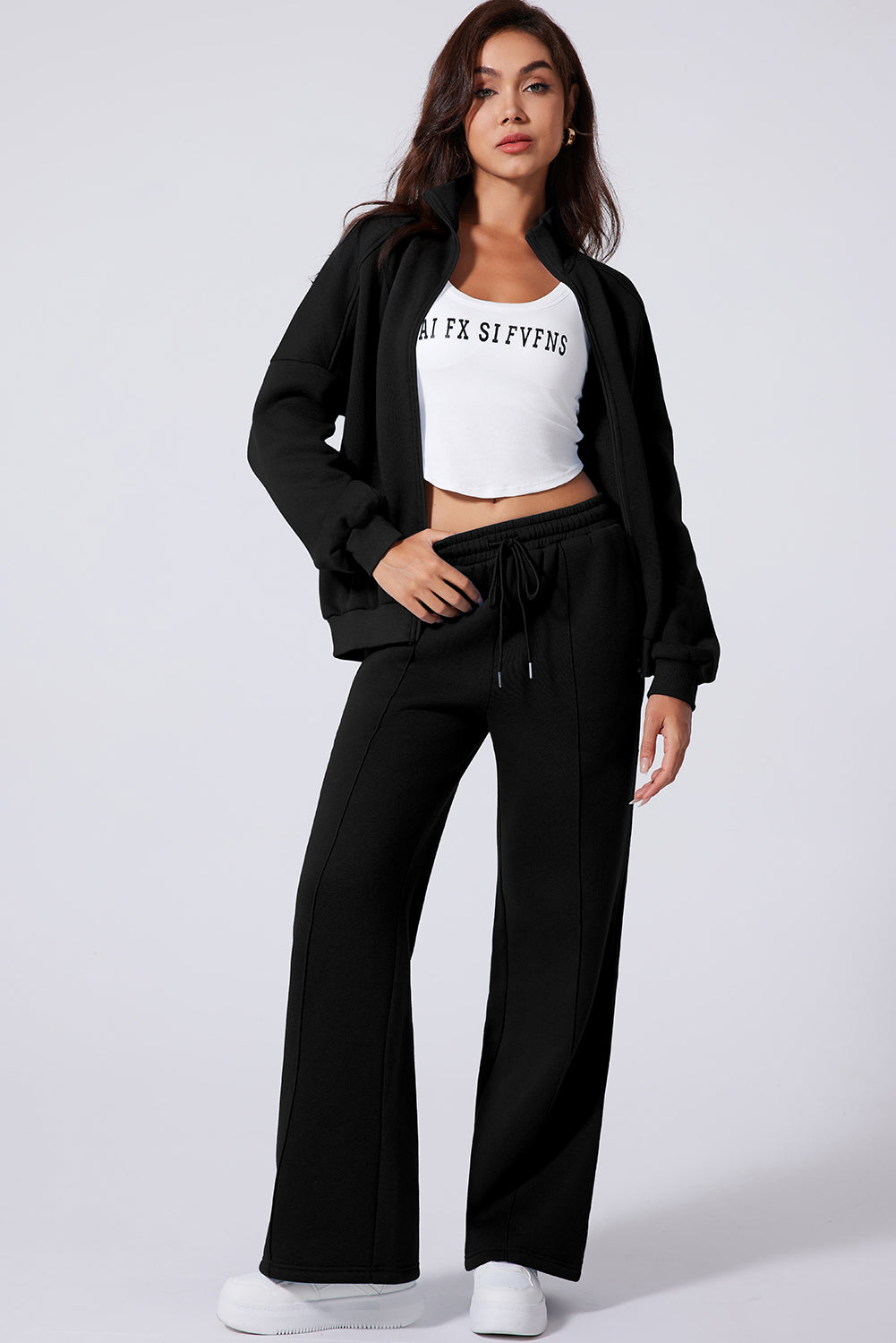 Black Drop Shoulder Zip Up Jacket Drawstring Pants Active 2pcs Set-Activewear/Activewear Sets-[Adult]-[Female]-2022 Online Blue Zone Planet
