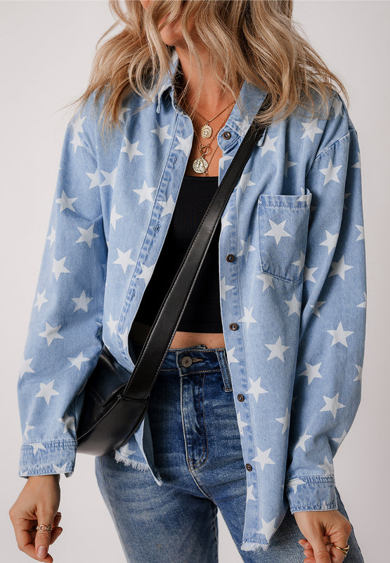 Raw Hem Star Collared Neck Denim Top-TOPS / DRESSES-[Adult]-[Female]-2022 Online Blue Zone Planet