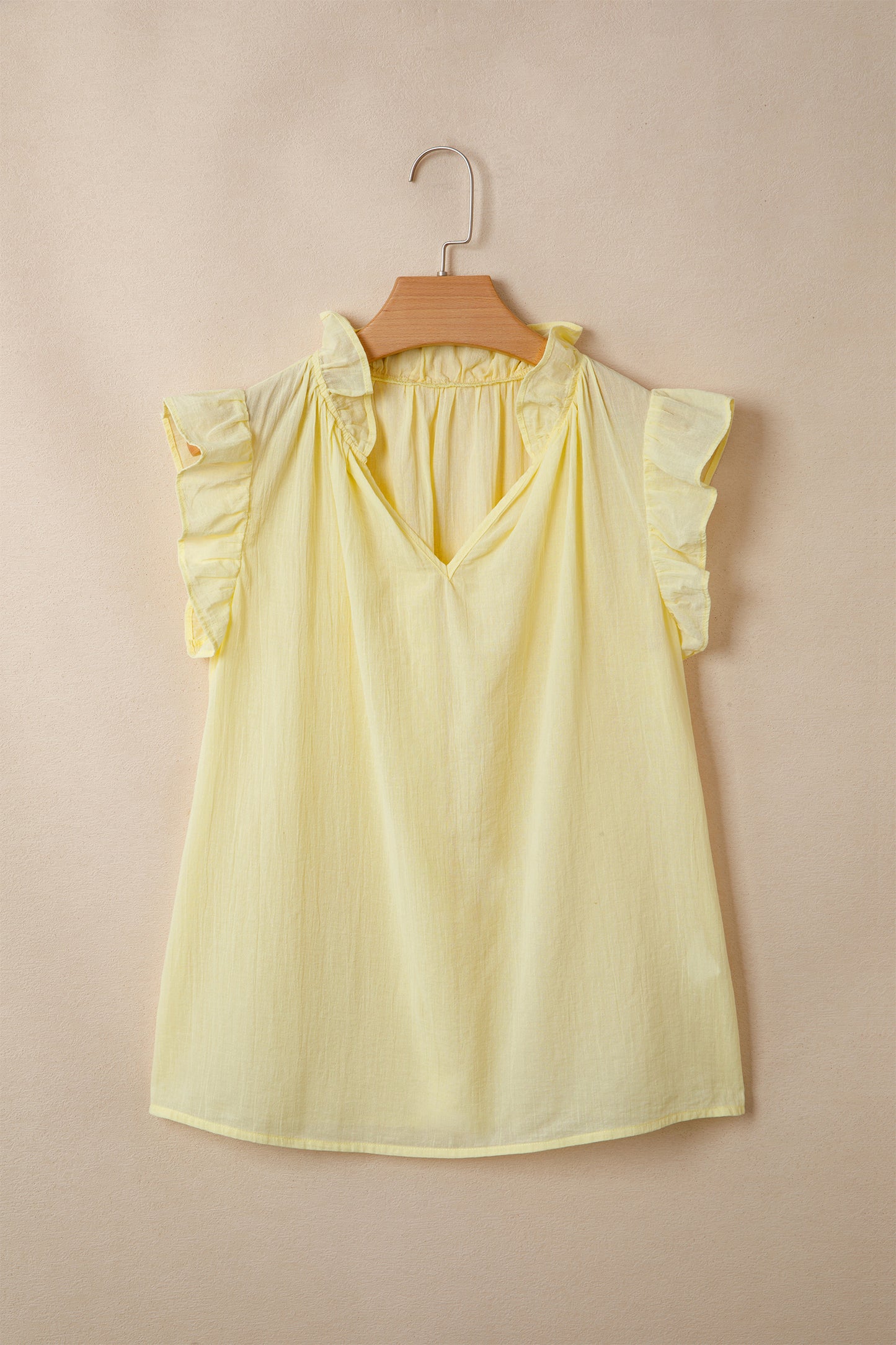 Yellow Cream V Neck Ruffle Trim Sleeveless Shift Top-Tops/Tank Tops-[Adult]-[Female]-2022 Online Blue Zone Planet