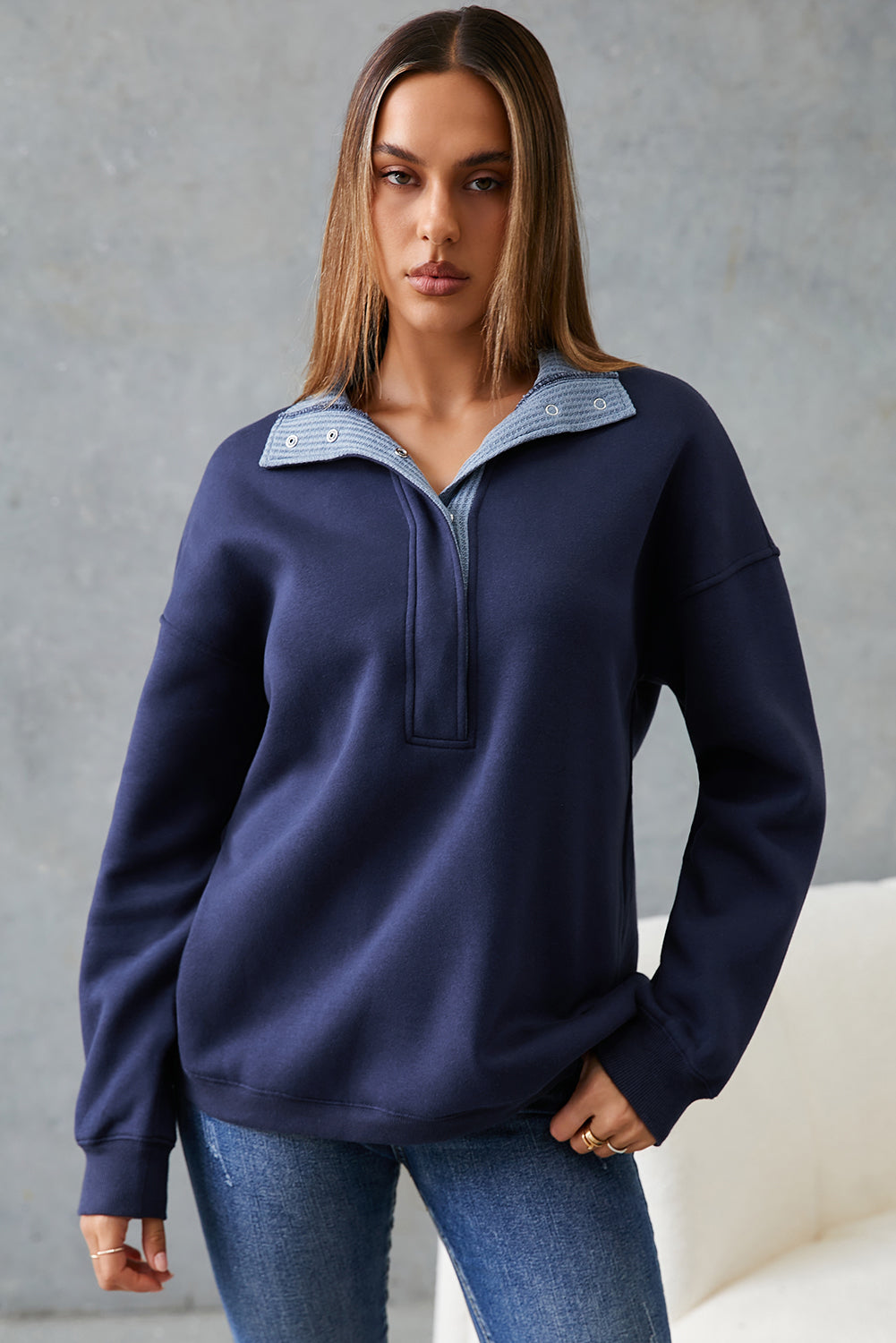 Dirty blue Drop Shoulder Metal Button Casual Pullover Sweatshirt-Tops/Sweatshirts & Hoodies-[Adult]-[Female]-2022 Online Blue Zone Planet