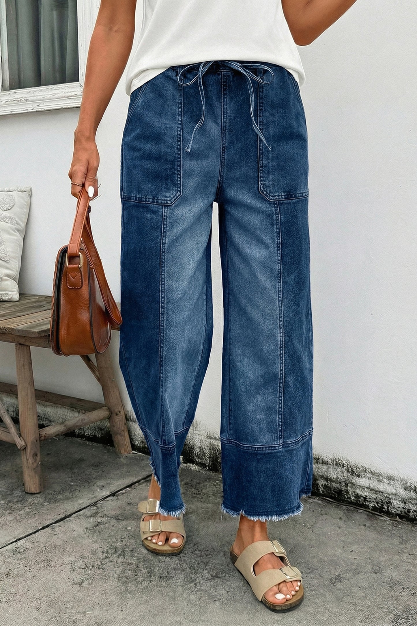 Prussian Blue Drawstring Seam Detail Raw Hem Wide Leg Denim Pants-Bottoms/Jeans-[Adult]-[Female]-2022 Online Blue Zone Planet