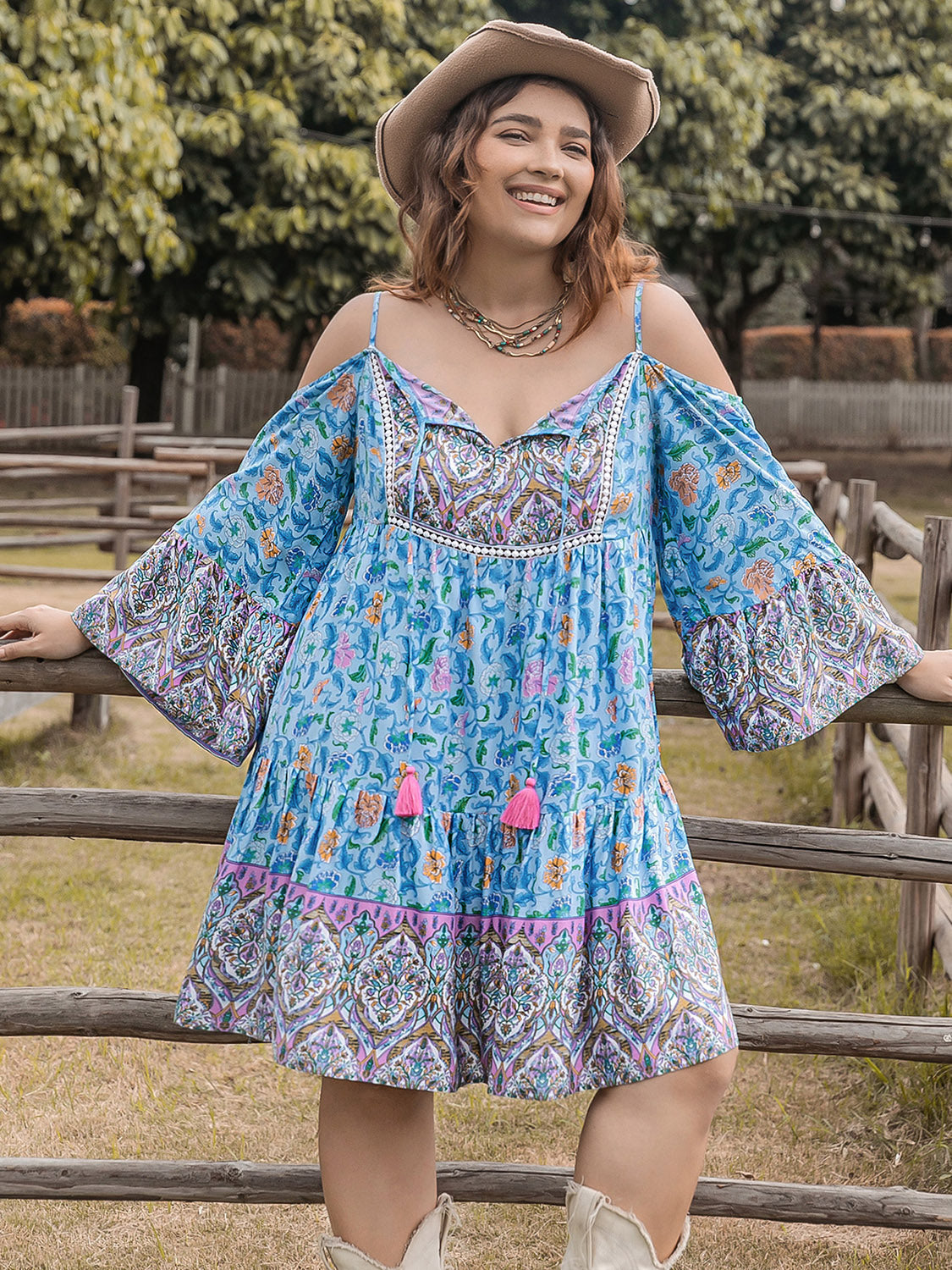 Plus Size Printed Long Sleeve Mini Dress-TOPS / DRESSES-[Adult]-[Female]-2022 Online Blue Zone Planet