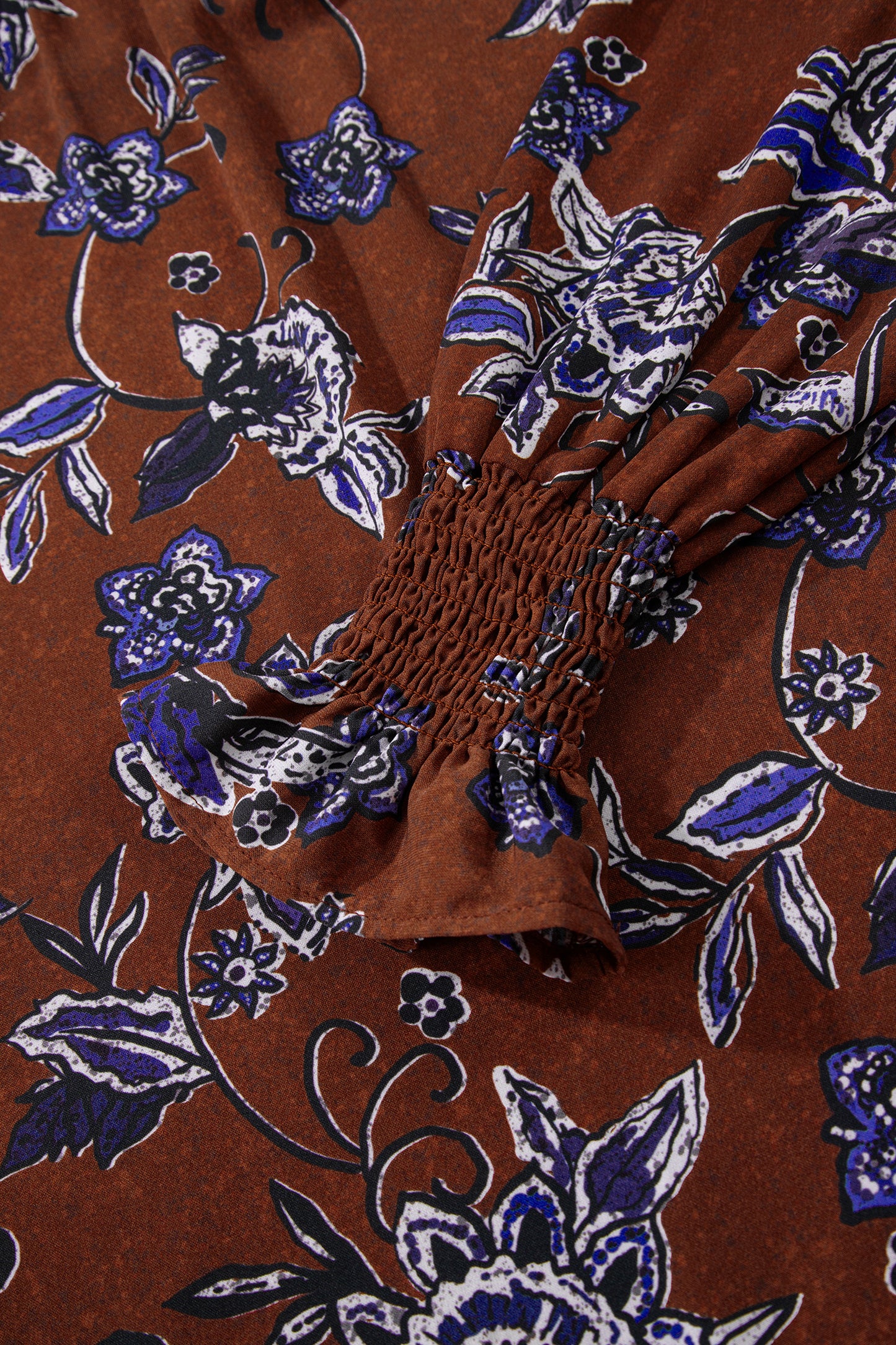 Brown Autumn Floral Print Smocked Cuffs Shift Blouse-Tops/Blouses & Shirts-[Adult]-[Female]-2022 Online Blue Zone Planet