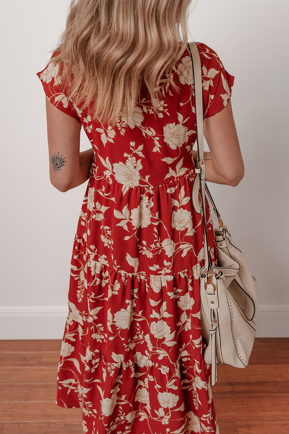 Red Floral Print Buttoned Front V Neck Tiered Short Sleeve Midi Dress-TOPS / DRESSES-[Adult]-[Female]-2022 Online Blue Zone Planet