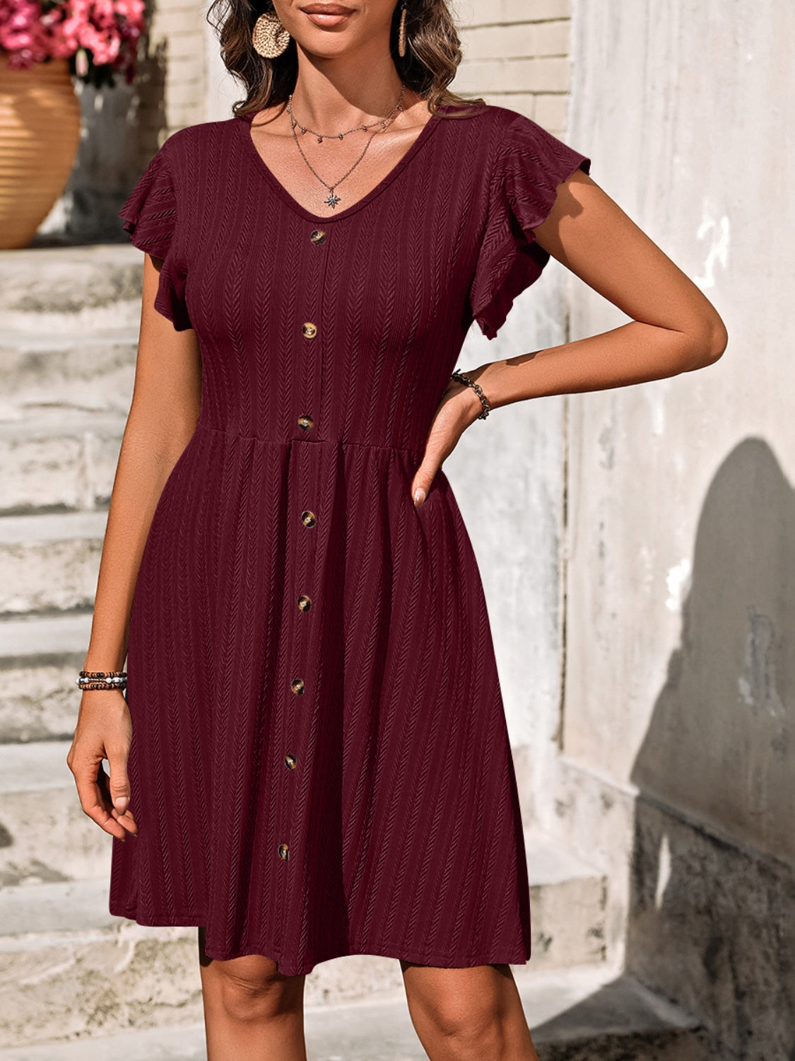 Decorative Button Ruffled V-Neck Dress-TOPS / DRESSES-[Adult]-[Female]-Burgundy-S-2022 Online Blue Zone Planet