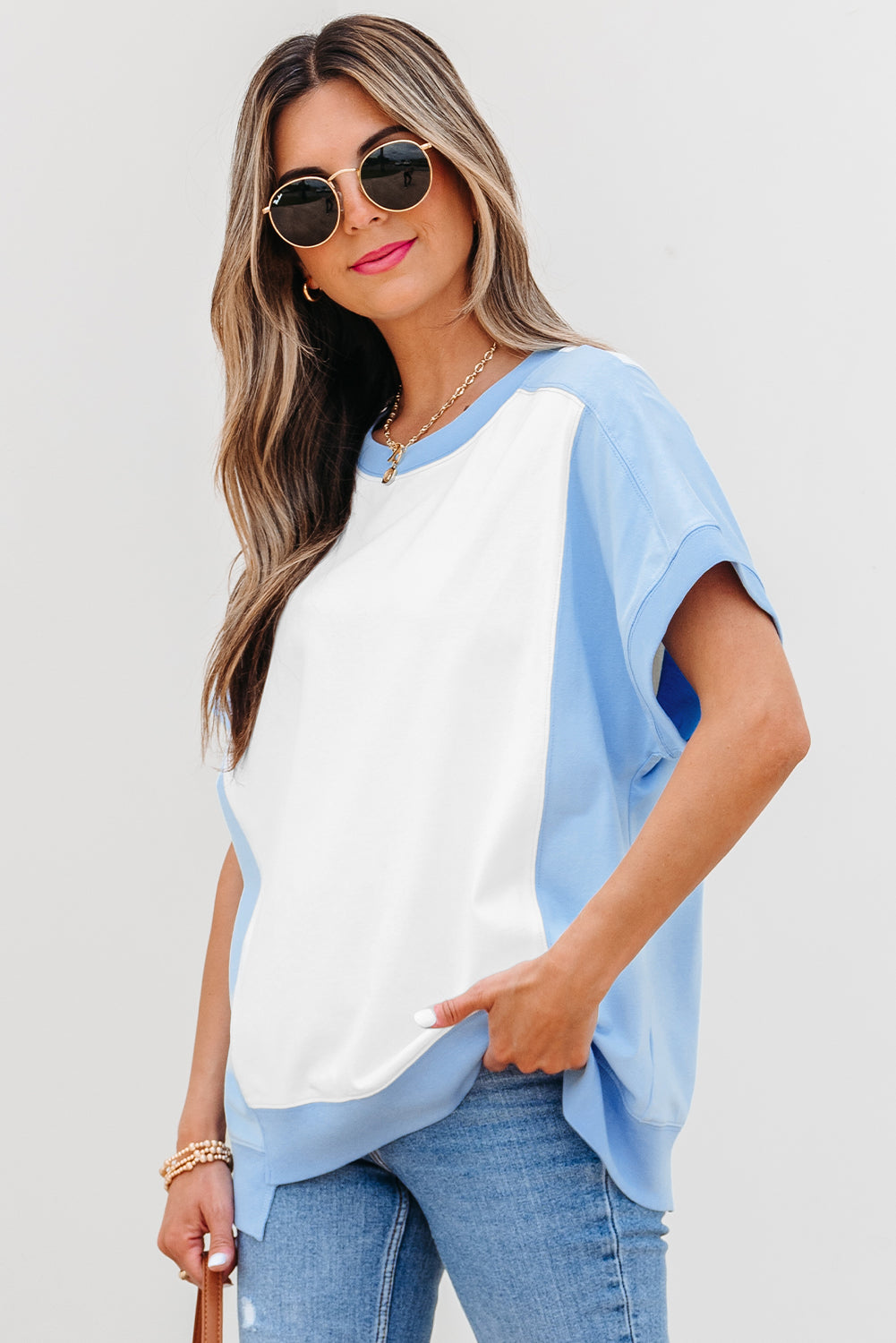 Sky Blue Color Block Exposed Seam Crew Neck T Shirt-Tops/Tops & Tees-[Adult]-[Female]-2022 Online Blue Zone Planet