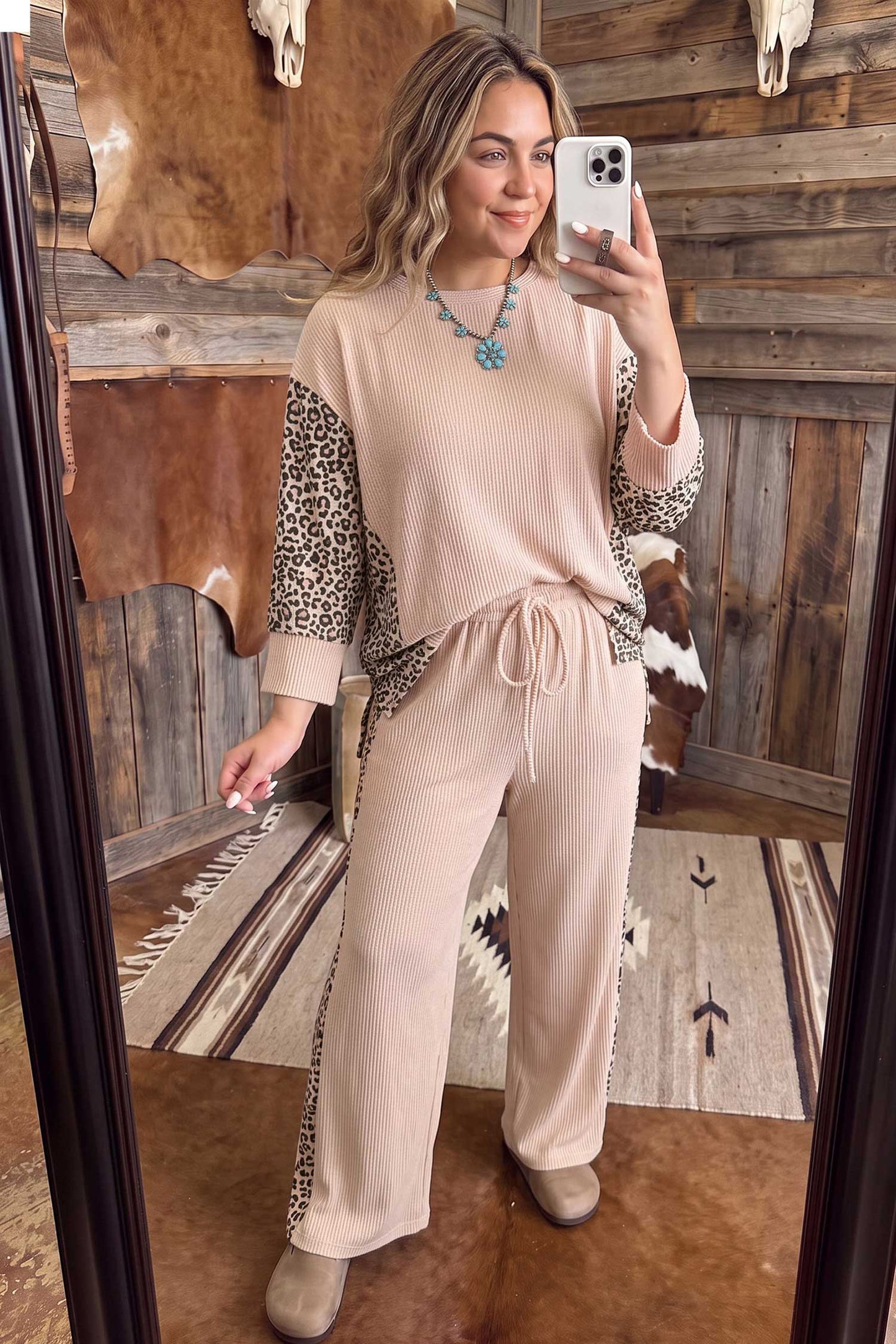 Light French Beige Leopard Print Ribbed Twist Long Sleeve Top Pants Plus Size Set-Plus Size/Plus Size Loungewear-[Adult]-[Female]-2022 Online Blue Zone Planet
