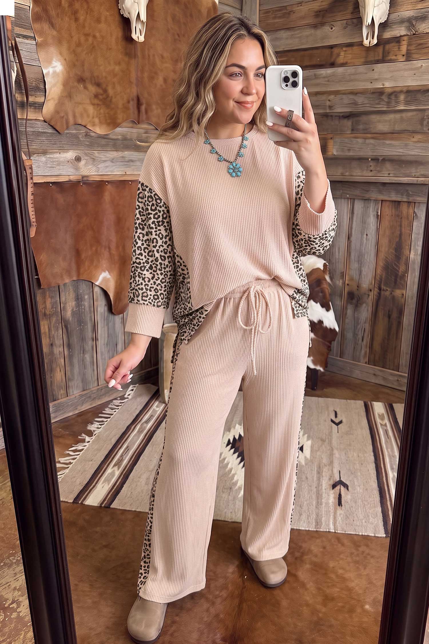 Light French Beige Leopard Print Ribbed Twist Long Sleeve Top Pants Plus Size Set-Plus Size/Plus Size Loungewear-[Adult]-[Female]-2022 Online Blue Zone Planet