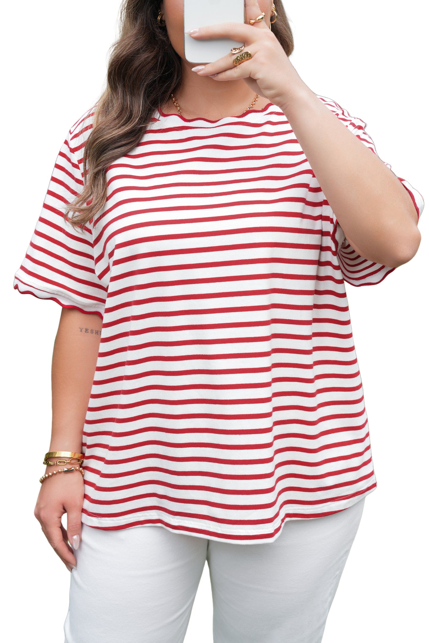 Red Stripe Plus Size Scalloped Trim Round Neck Short Sleeve Top-Plus Size/Plus Size Tops/Plus Size Tops & Tees-[Adult]-[Female]-2022 Online Blue Zone Planet