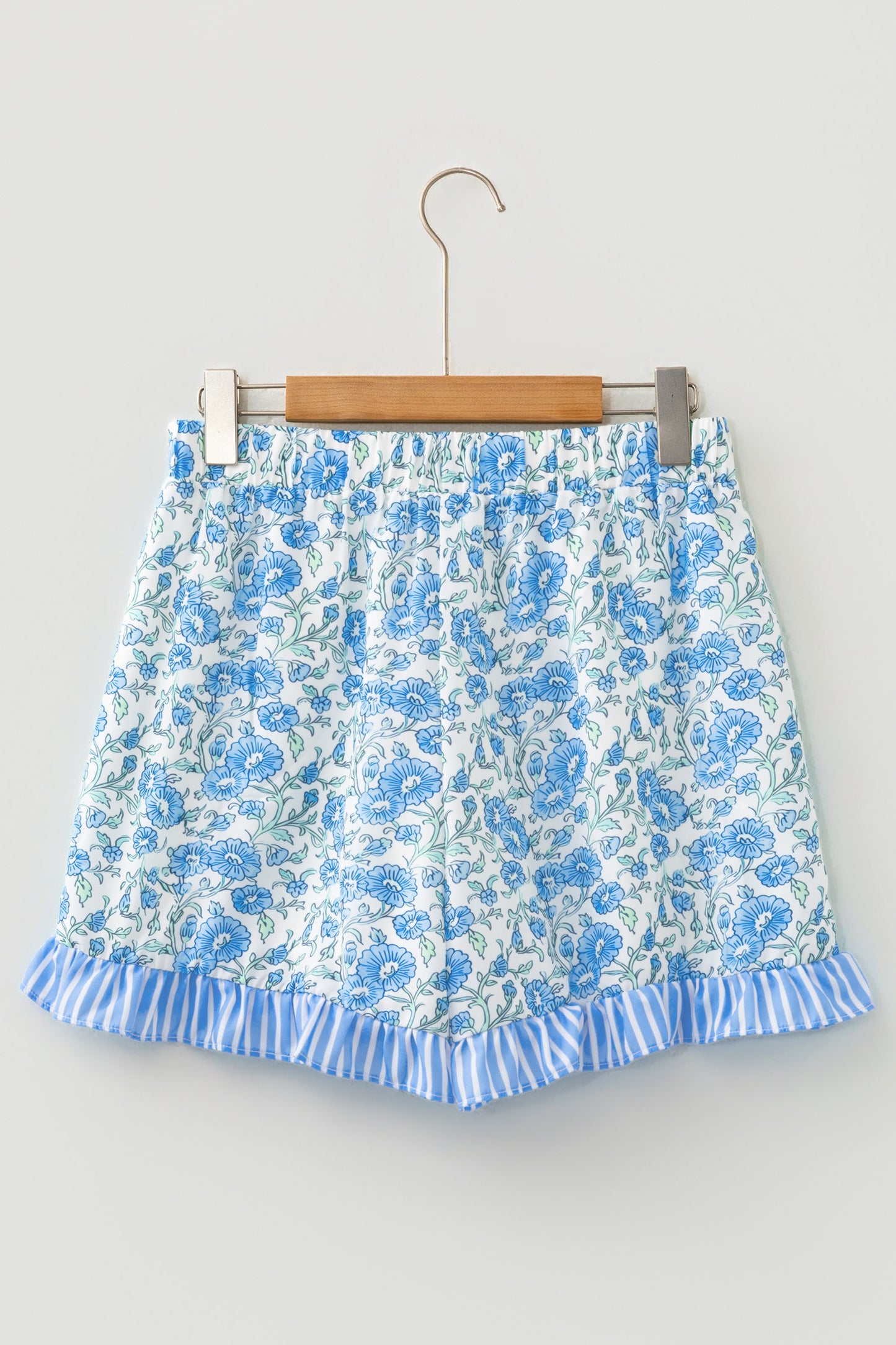Sky Blue Summer Floral Striped Ruffle Hem Lace Tie Shorts-Bottoms/Casual Shorts-[Adult]-[Female]-2022 Online Blue Zone Planet