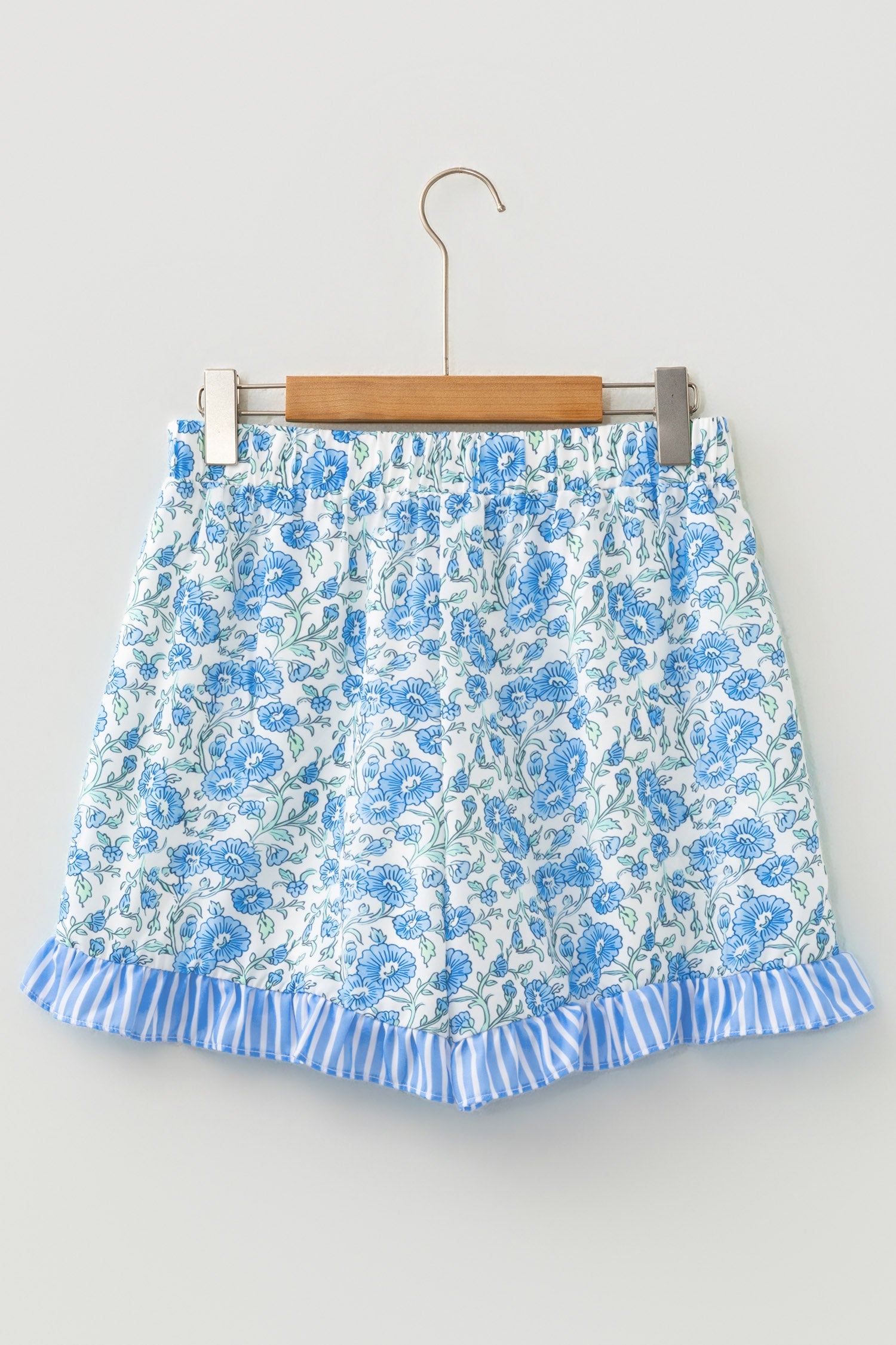Sky Blue Summer Floral Striped Ruffle Hem Lace Tie Shorts-Bottoms/Casual Shorts-[Adult]-[Female]-2022 Online Blue Zone Planet