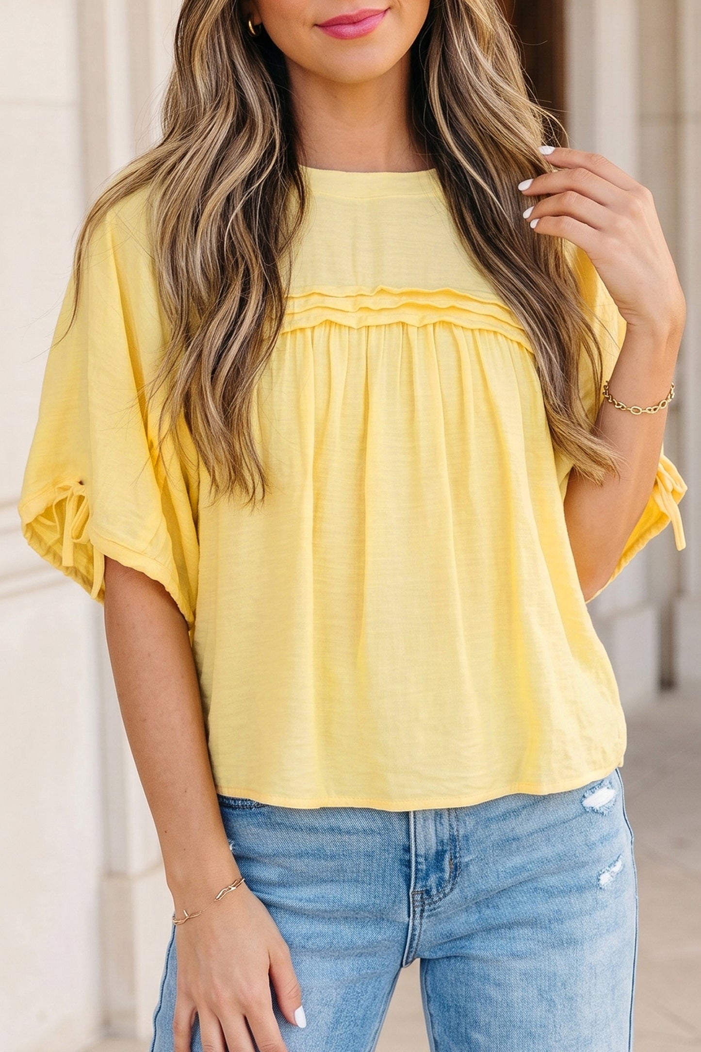 Yellow Cream Tie Half Sleeve Pleated Detail Babydoll Blouse-Tops/Blouses & Shirts-[Adult]-[Female]-2022 Online Blue Zone Planet