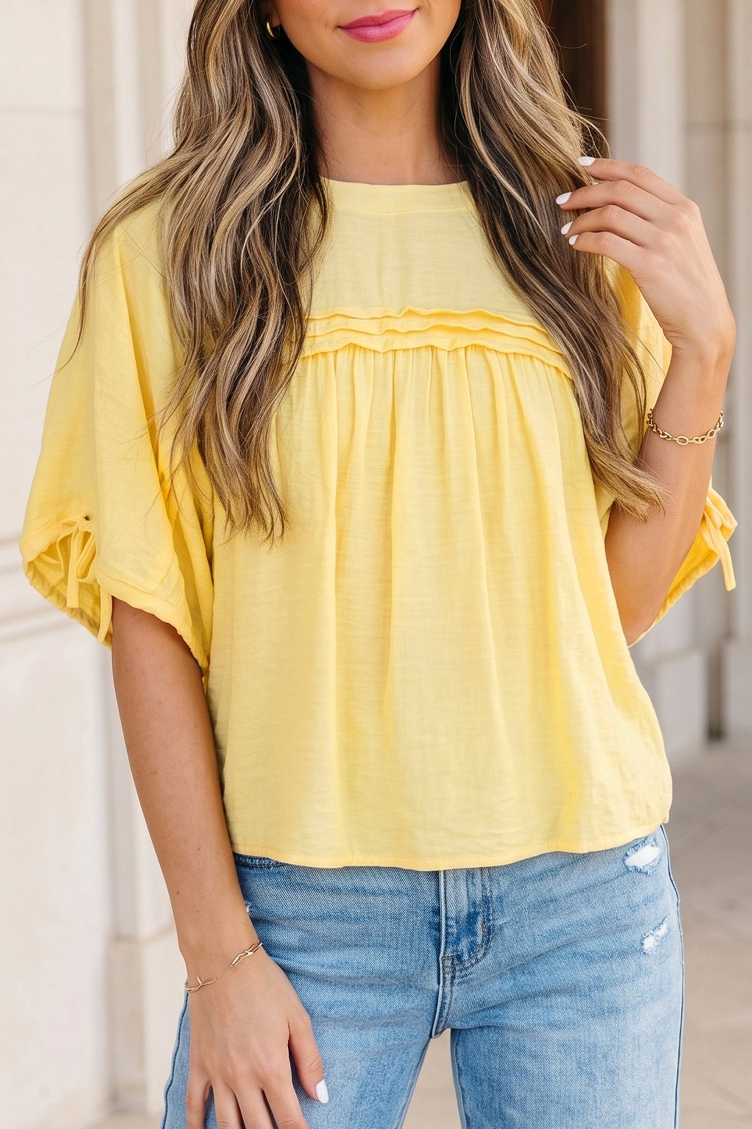 Yellow Cream Tie Half Sleeve Pleated Detail Babydoll Blouse-Tops/Blouses & Shirts-[Adult]-[Female]-2022 Online Blue Zone Planet