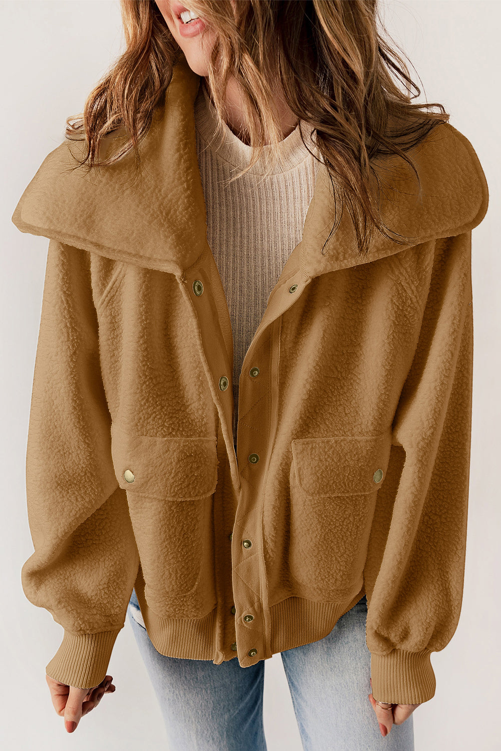 Brown Button Flap Pocket Spread Collar Fleece Jacket-Outerwear/Jackets-[Adult]-[Female]-Brown-S-2022 Online Blue Zone Planet