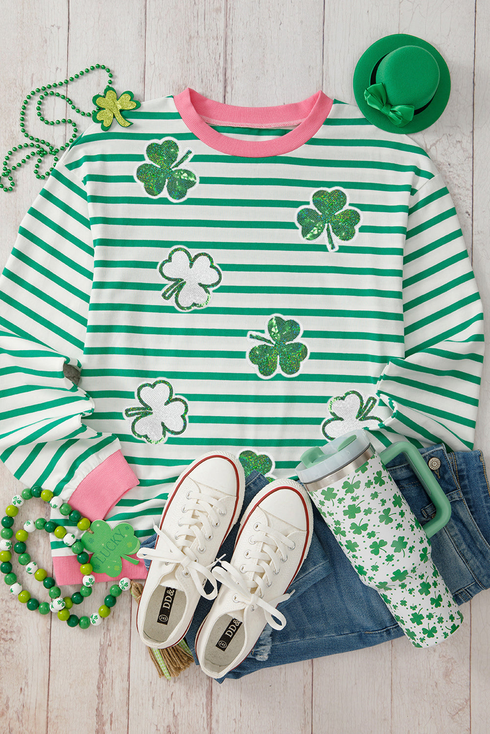 Bright Green Striped Sequin Clover Graphic Colorblock Long Sleeve St Patrick Top-Graphic/Graphic Long Sleeve Tees-[Adult]-[Female]-2022 Online Blue Zone Planet
