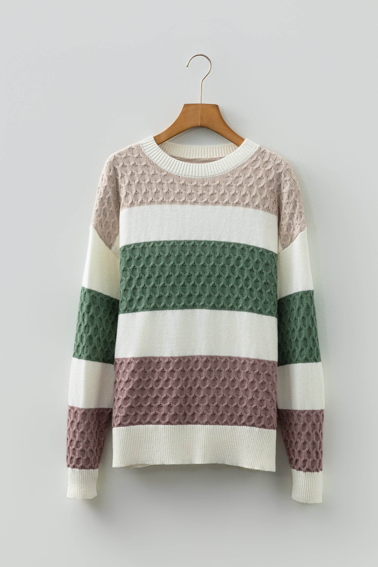 Green Mixed Texture Knit Striped Color Block Loose Sweater-TOPS / DRESSES-[Adult]-[Female]-2022 Online Blue Zone Planet