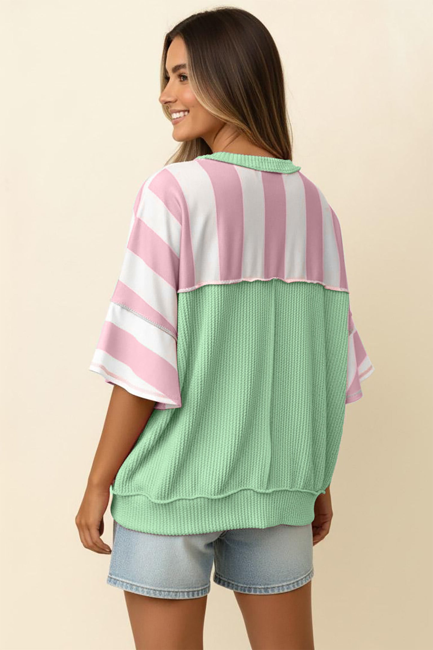 Pink Stripe Exposed Seam Ribbed Patchwork Oversized Tee-Tops/Tops & Tees-[Adult]-[Female]-2022 Online Blue Zone Planet