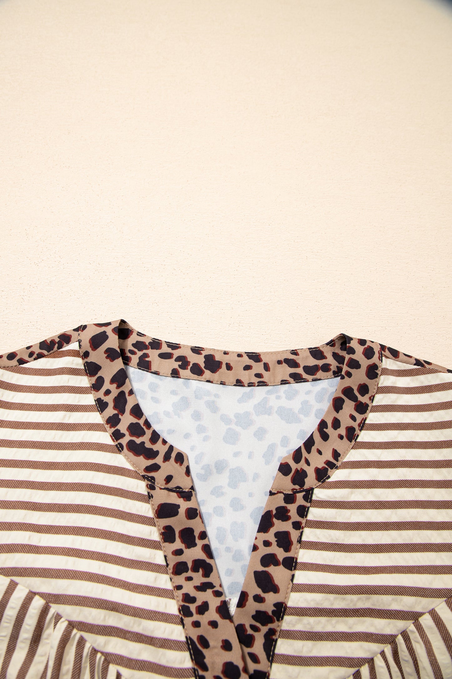 Khaki Stripe Square Button Leopard Trim Loose Bracelet Sleeve Shirt Dress-TOPS / DRESSES-[Adult]-[Female]-2022 Online Blue Zone Planet