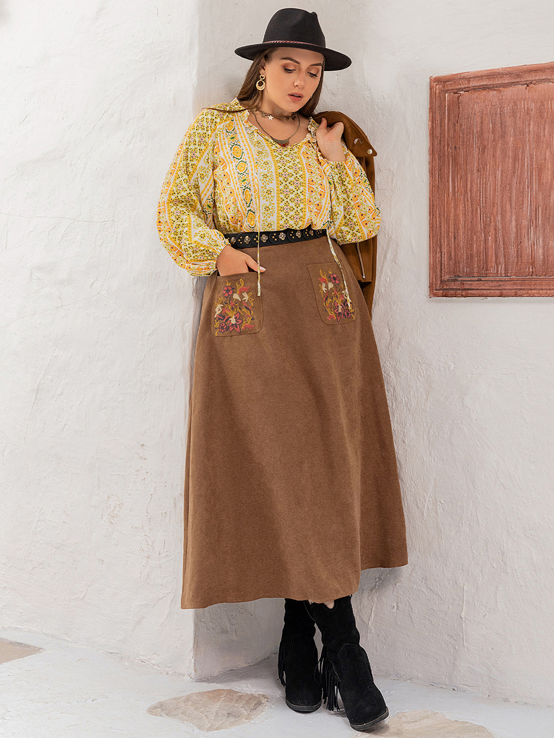 Plus Size Embroidered Pocketed High Waist Skirt-[Adult]-[Female]-2022 Online Blue Zone Planet