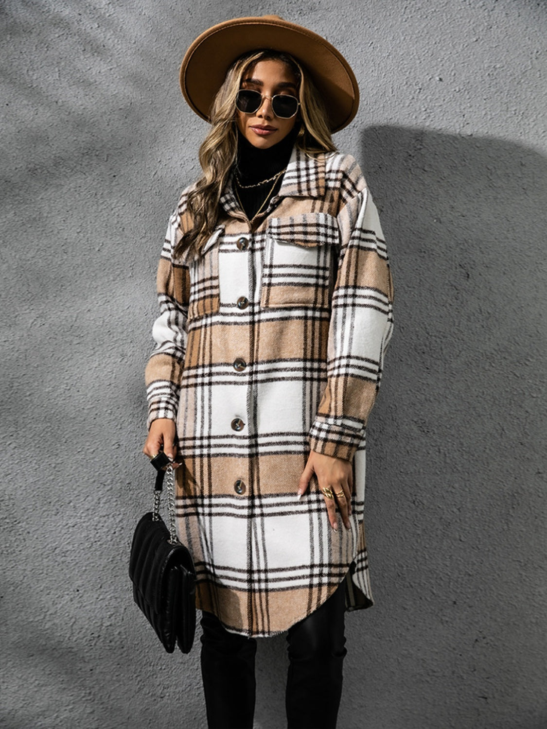 Plaid Collared Neck Long Sleeve Coat-TOPS / DRESSES-[Adult]-[Female]-2022 Online Blue Zone Planet