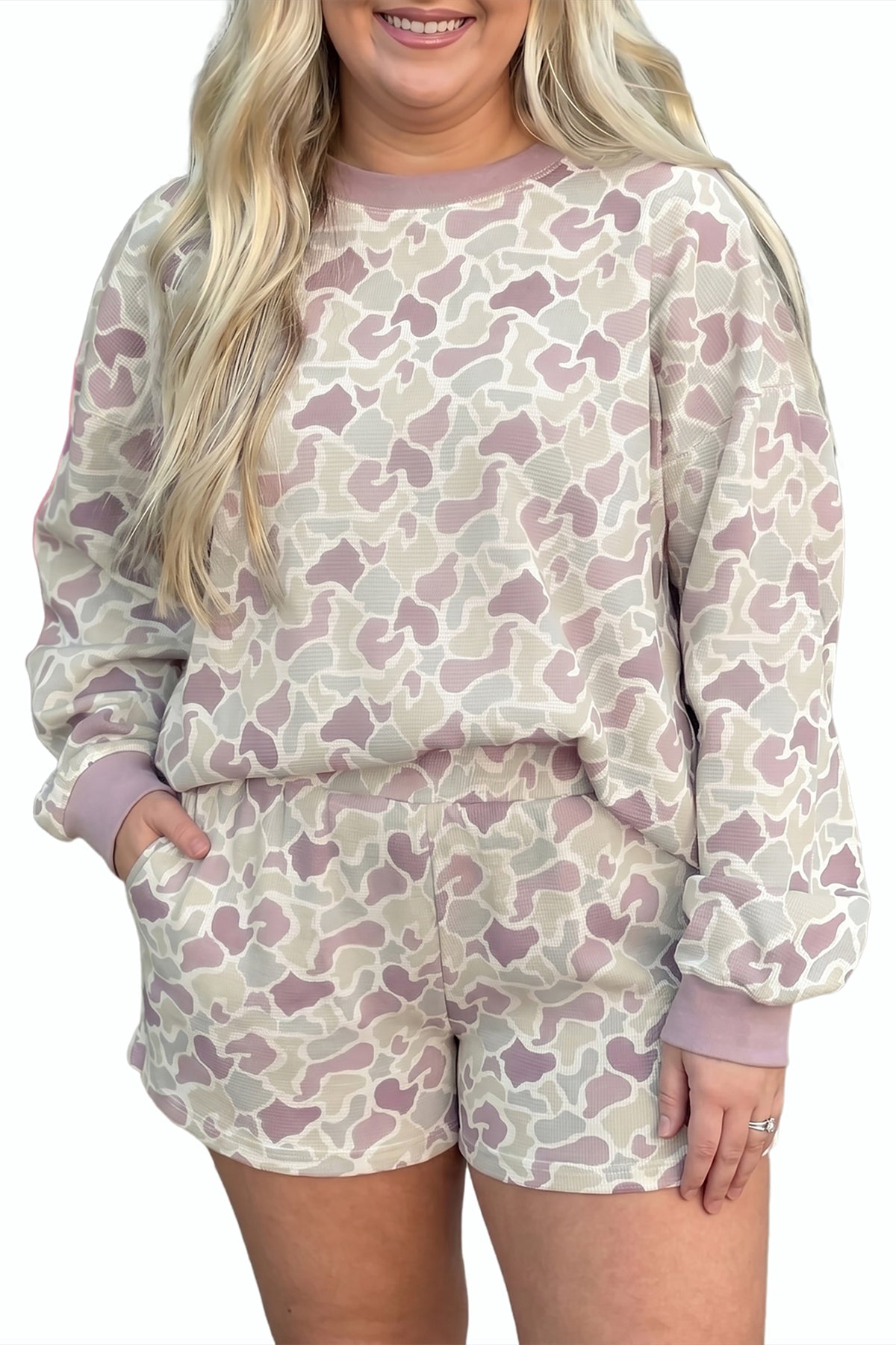Green Camouflage Print Waffle Textured Pullover and Shorts Plus Size 2pcs Set-Plus Size/Plus Size Loungewear-[Adult]-[Female]-2022 Online Blue Zone Planet