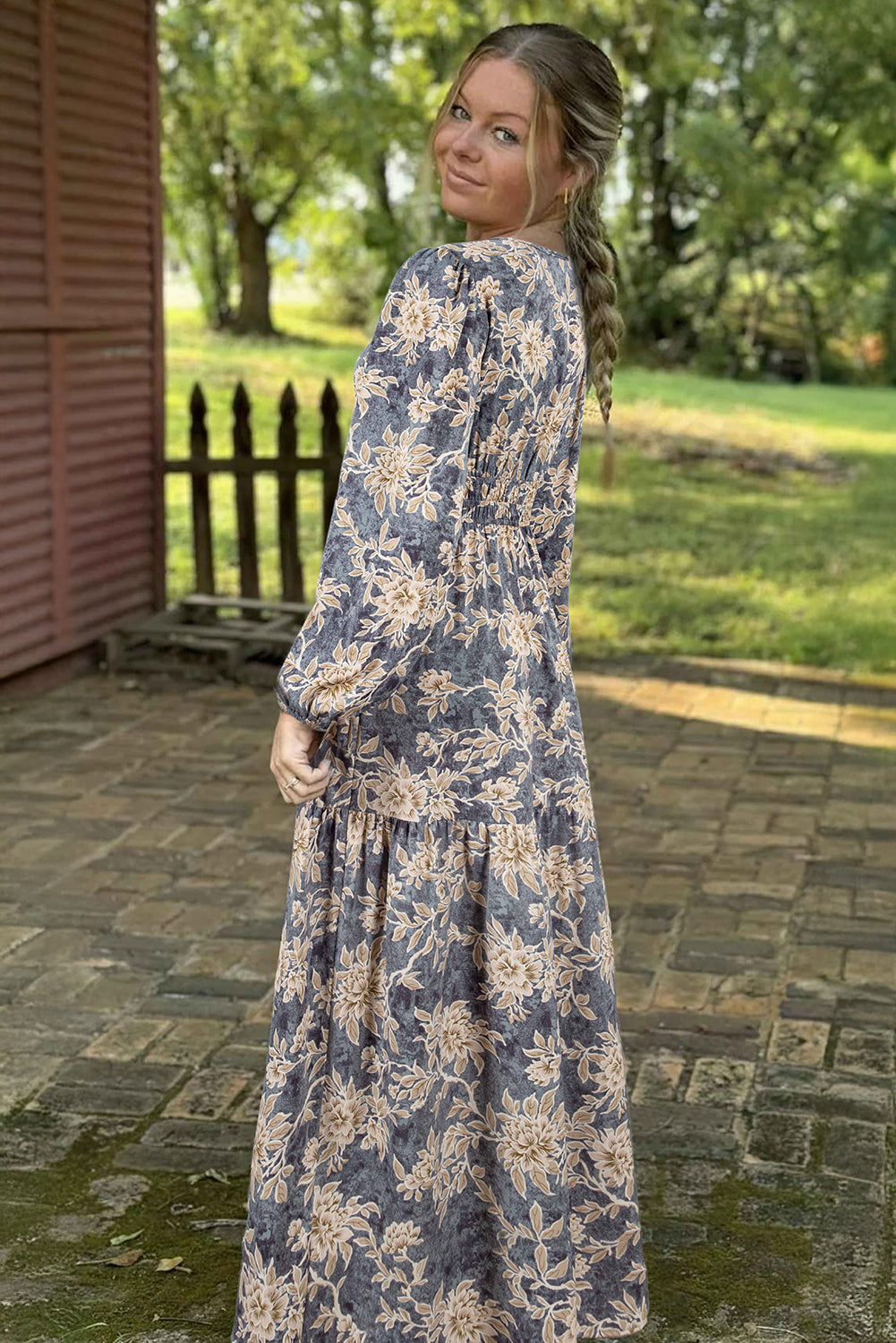 Sky Blue Floral Print Smocked High Waist Long Sleeve Maxi Dress-TOPS / DRESSES-[Adult]-[Female]-2022 Online Blue Zone Planet