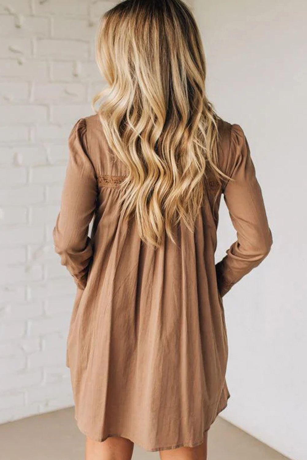 Straw Yellow Lace Trim Peter Pan Collar Long Sleeve Mini Shirt Dress-TOPS / DRESSES-[Adult]-[Female]-2022 Online Blue Zone Planet