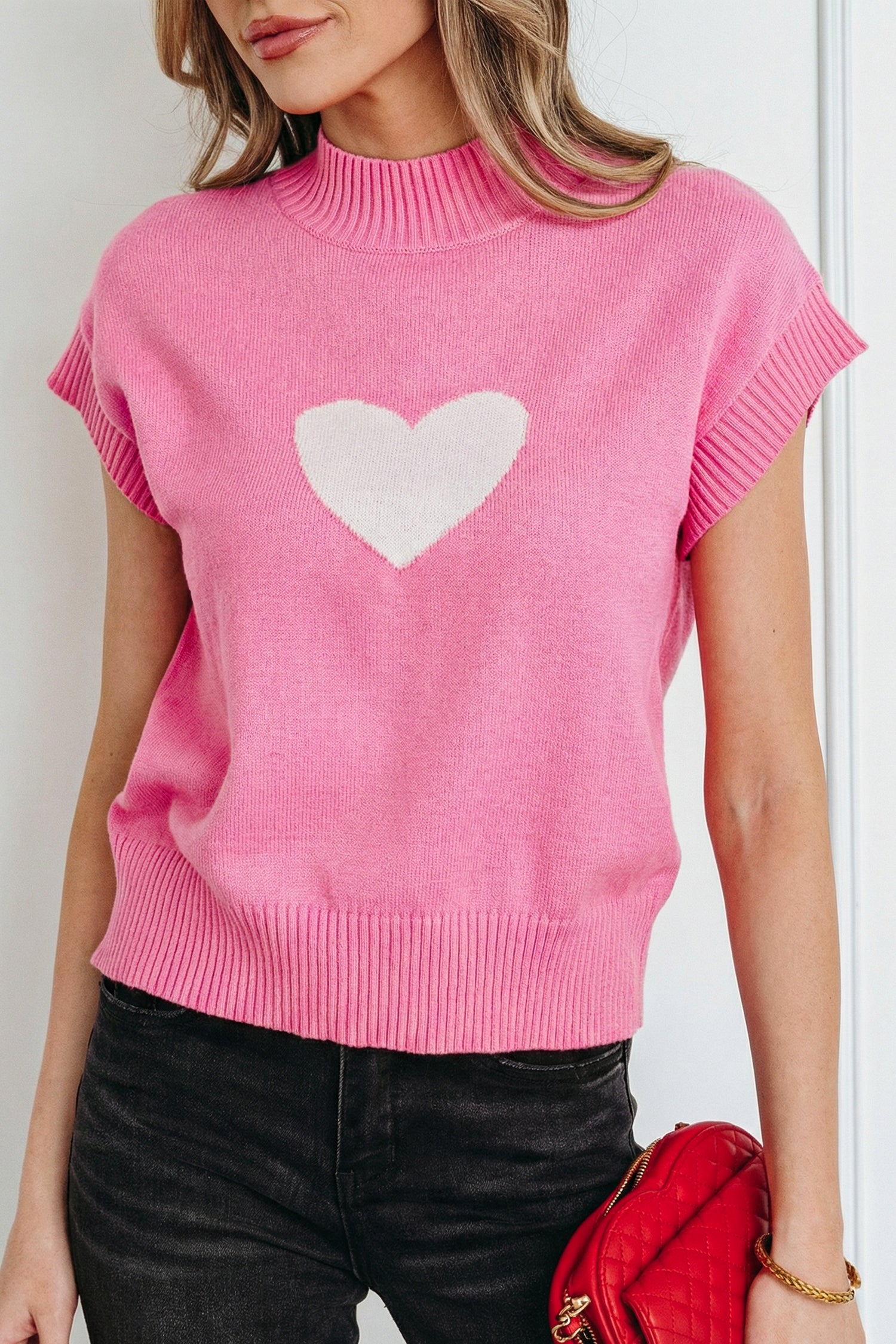 Pink Valentine Heart Graphic Cropped Short Sleeve Sweater-TOPS / DRESSES-[Adult]-[Female]-2022 Online Blue Zone Planet