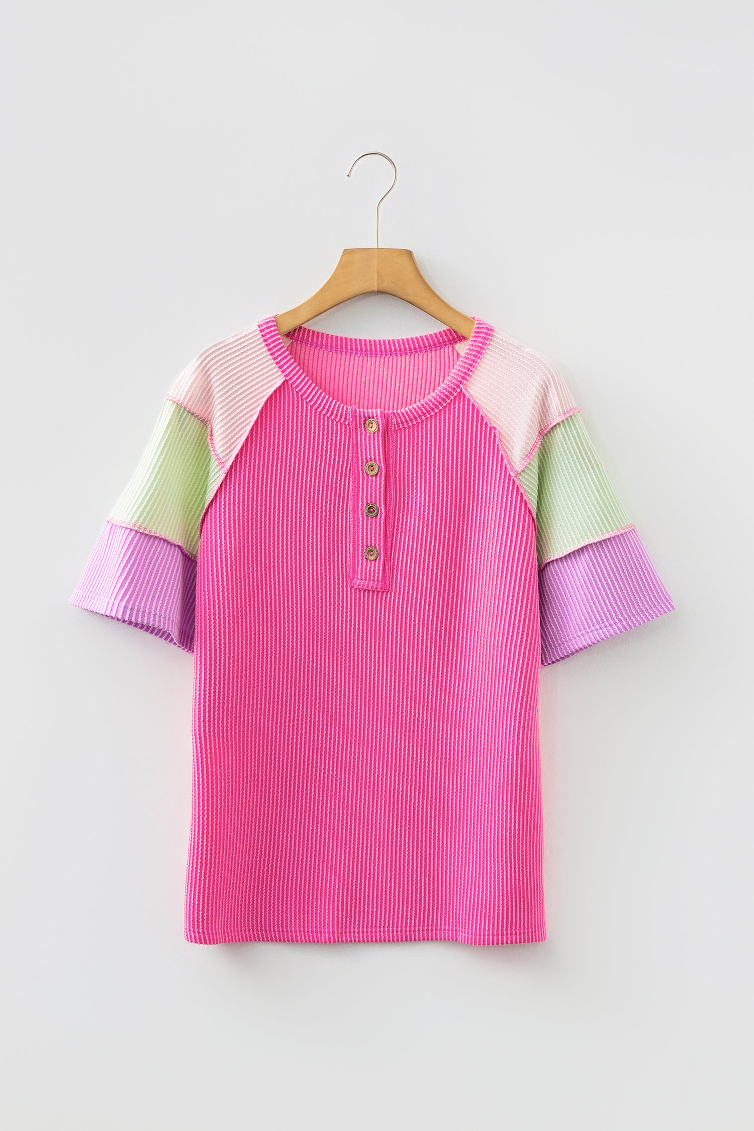 Bright Pink Twisted Ribbed Color Block Patchwork Henley Short Sleeve T Shirt-Tops/Tops & Tees-[Adult]-[Female]-2022 Online Blue Zone Planet