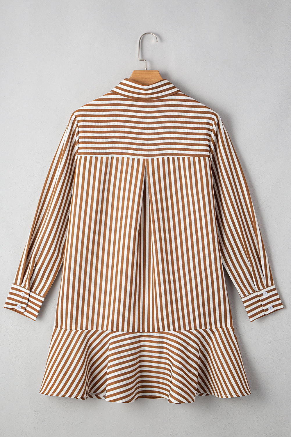 Brown Stripe Ruffled Hem Collared Long Sleeve Shirt Mini Dress-TOPS / DRESSES-[Adult]-[Female]-2022 Online Blue Zone Planet