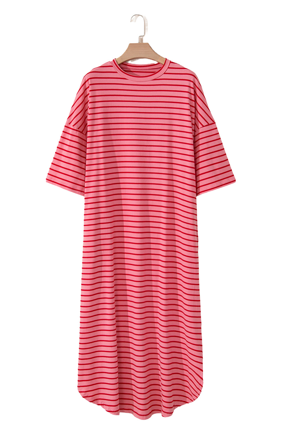 Strawberry Pink Striped Drop Sleeve Loose Dress-Maxi Dresses-[Adult]-[Female]-2022 Online Blue Zone Planet