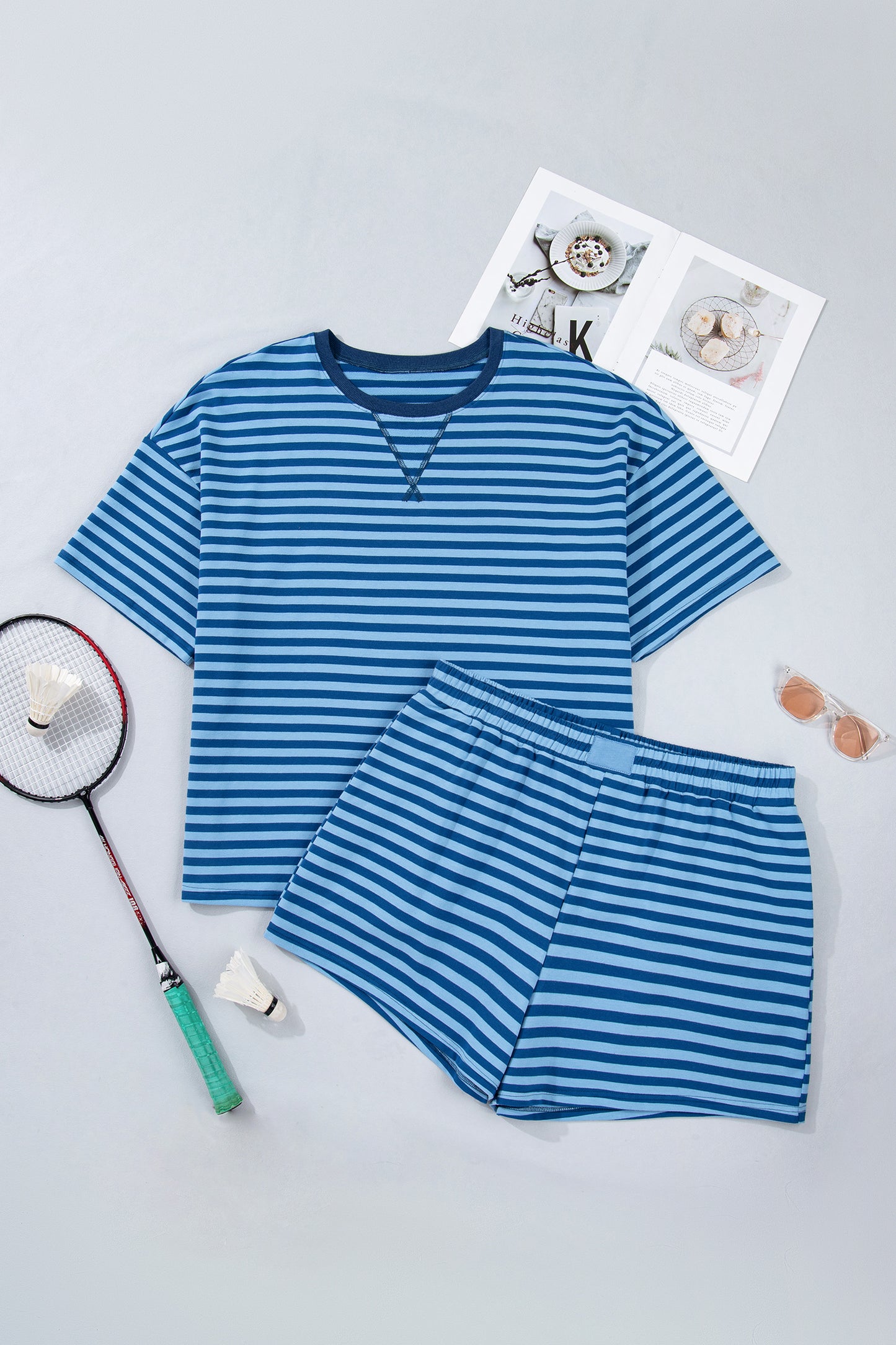 Blue Stripe Plus Size Dropped Shoulder Tee and Shorts Two-Piece Set-Plus Size/Plus Size Loungewear-[Adult]-[Female]-2022 Online Blue Zone Planet