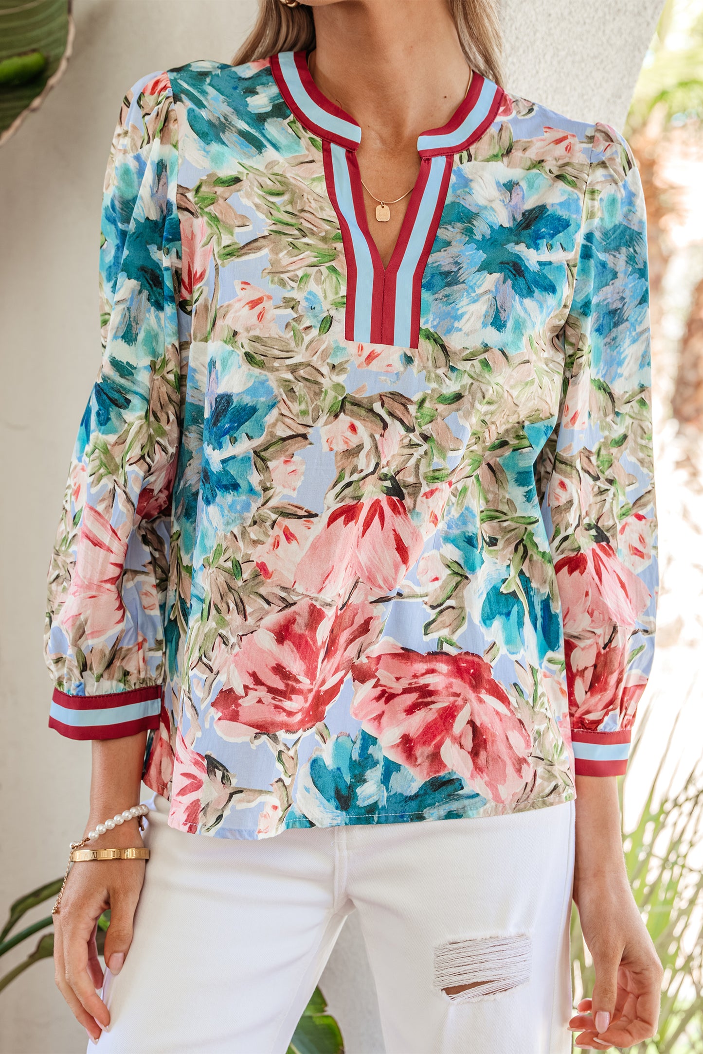Sky Blue Contrast Trim V Neck Cuffed Bracelet Sleeve Floral Blouse-Bracelet-[Adult]-[Female]-2022 Online Blue Zone Planet