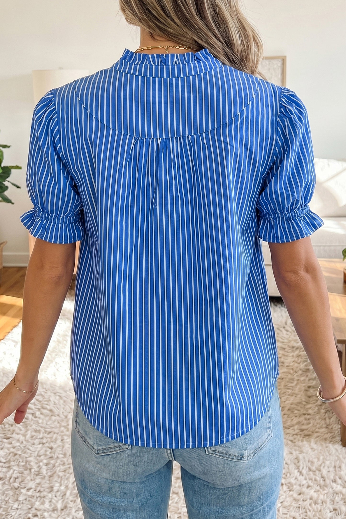 Blue Stripe Ruffled Short Puff Sleeve Button Front Blouse-Tops/Blouses & Shirts-[Adult]-[Female]-2022 Online Blue Zone Planet