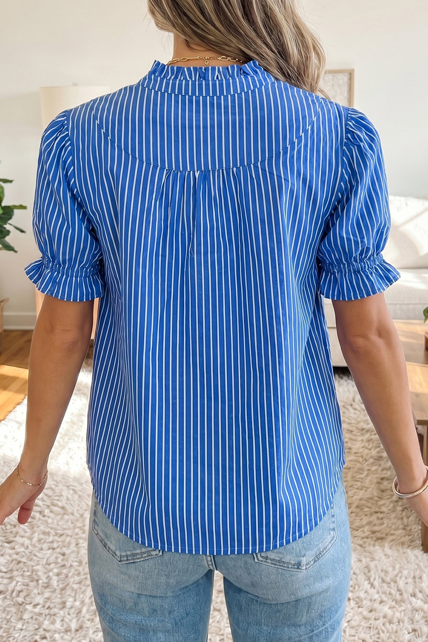 Blue Stripe Ruffled Short Puff Sleeve Button Front Blouse-Tops/Blouses & Shirts-[Adult]-[Female]-2022 Online Blue Zone Planet