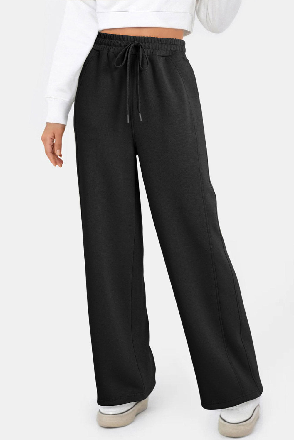 Black Scuba Drawstring High Waist Solid Color Sweatpants-Bottoms/Pants & Culotte-[Adult]-[Female]-2022 Online Blue Zone Planet