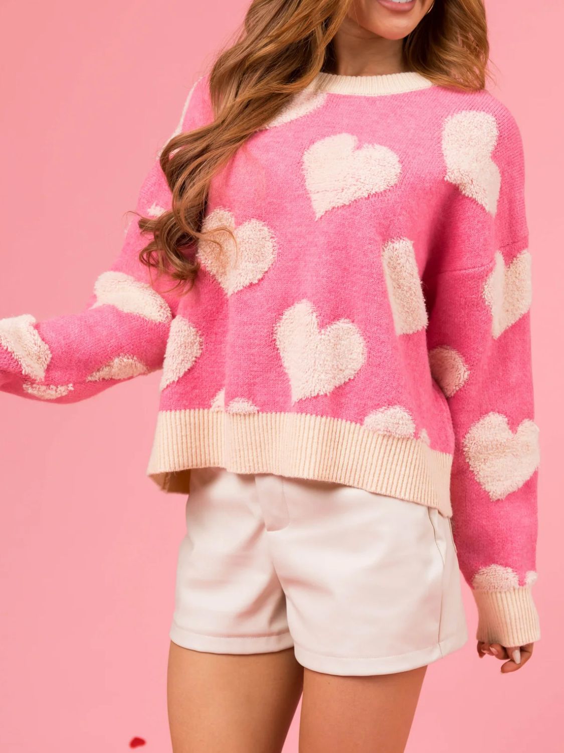 Valentine’s Day Fuzzy Heart Round Neck Long Sleeve Sweater-TOPS / DRESSES-[Adult]-[Female]-2022 Online Blue Zone Planet