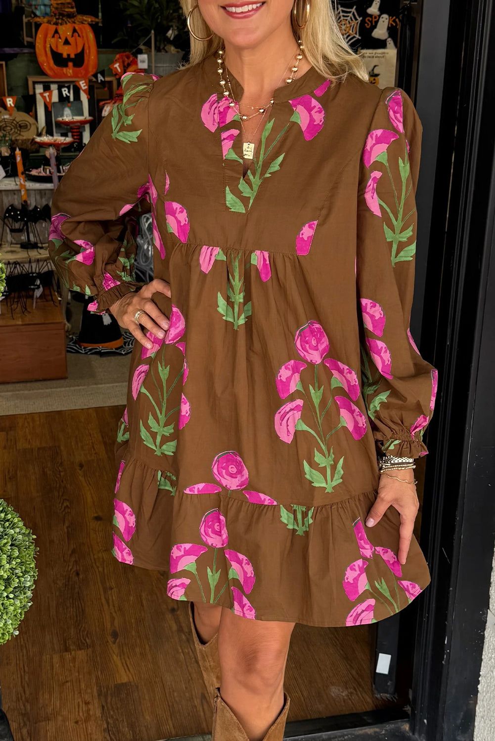 Brown Contrast Floral Print Babydoll Tunic Ruffled Hem Puff Sleeve Dress-Dresses/Floral Dresses-[Adult]-[Female]-2022 Online Blue Zone Planet