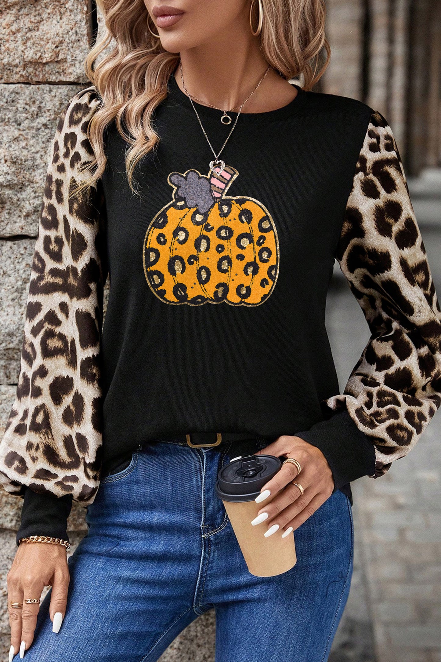 Khaki Leopard Sleeve Pumpkin Print Graphic Knit Top