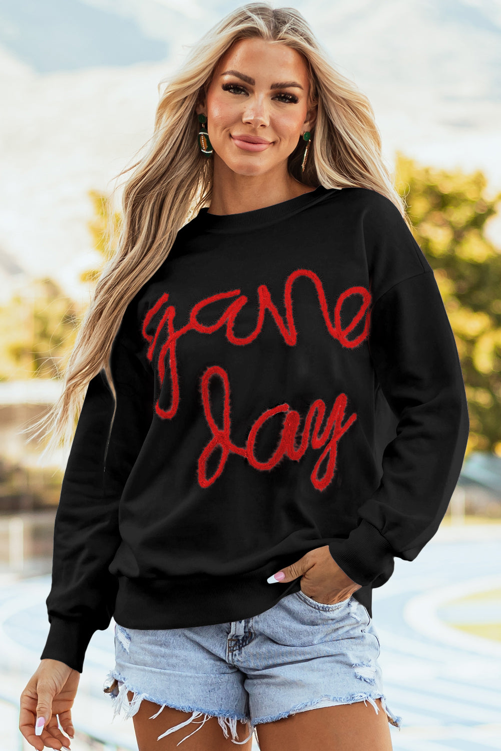 Black Tinsel Game Day Drop Shoulder Graphic Sweatshirt-Tops/Sweatshirts & Hoodies-[Adult]-[Female]-Black-S-2022 Online Blue Zone Planet