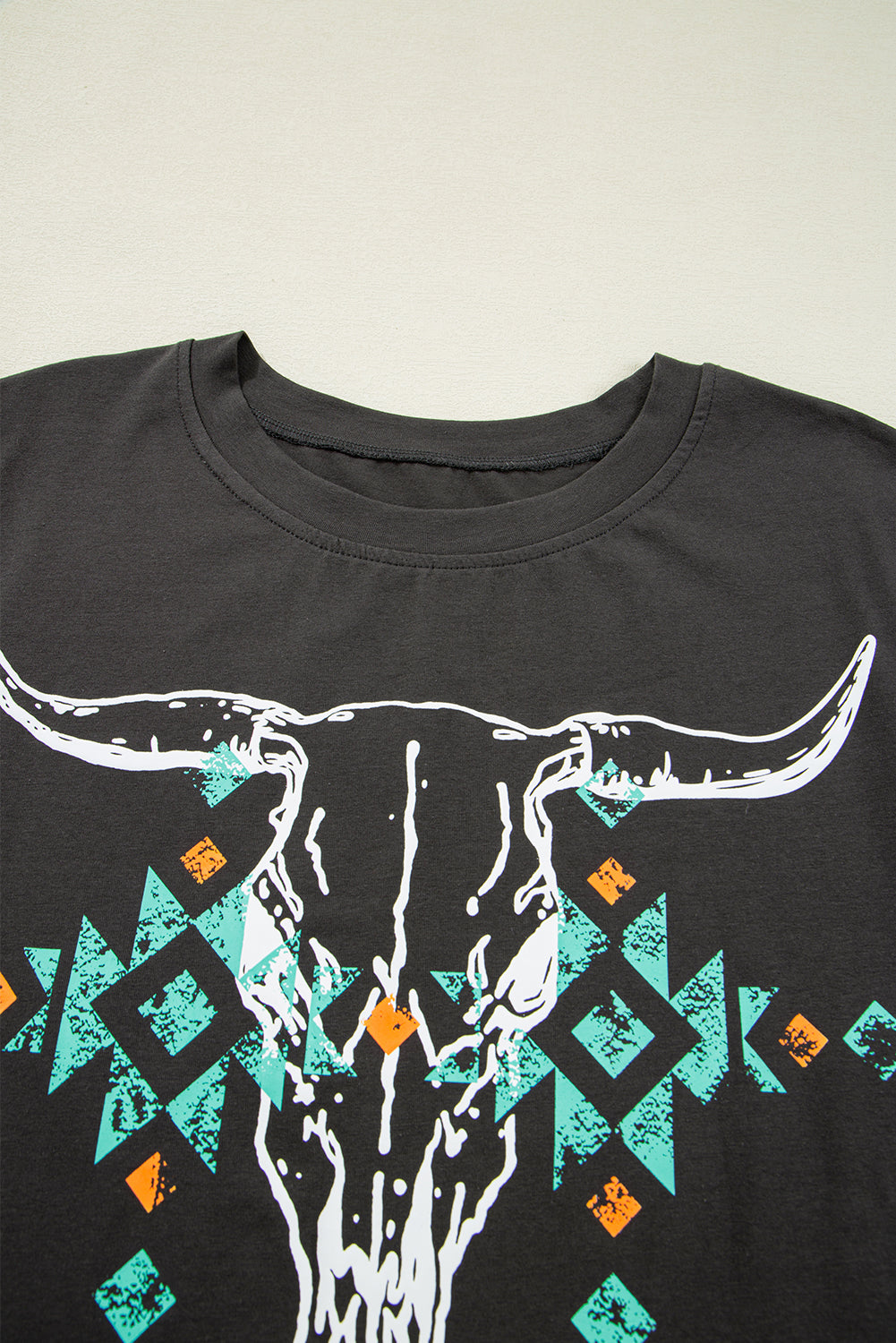 Blue Zone Planet | Carbon Grey Vintage Western Bull Head Skull Turquoise Aztec Graphic T Shirt-Tops/Tops & Tees-[Adult]-[Female]-2022 Online Blue Zone Planet